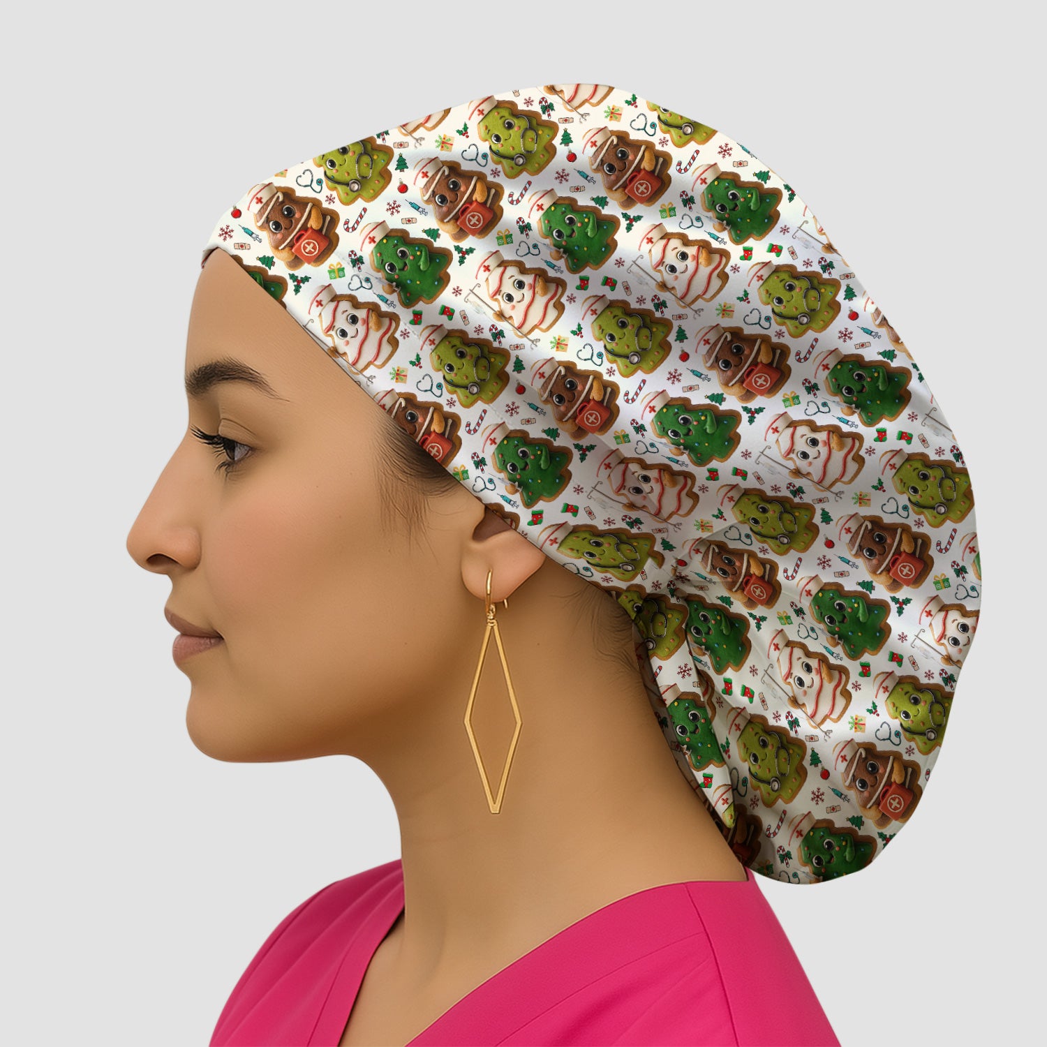 Christmas Cookie Scrub Cap – Festive Nurse & Holiday Tree Pattern – Cute Medical Uniform for Nurses, Vets and Healthcare Workers