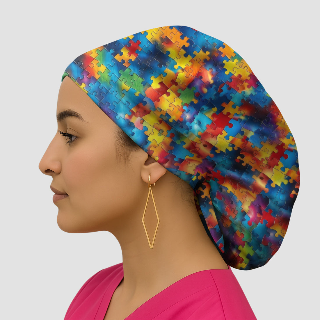 Rainbow Puzzle Piece Print Pattern Cap, Bouffant Scrub Caps for Women