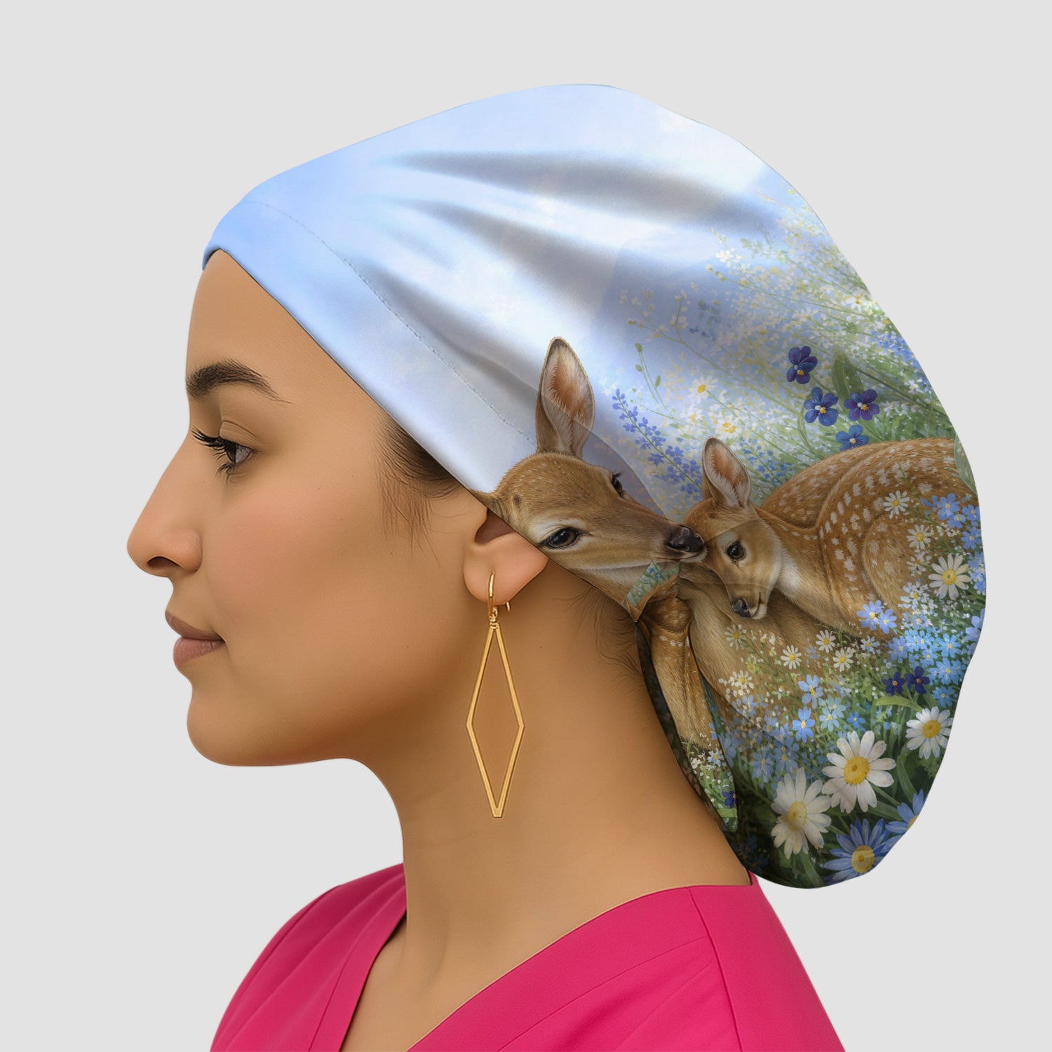 Cute Deer Mother Baby With Meadow Pattern Scrub Cap, Surgical Caps for Doctors