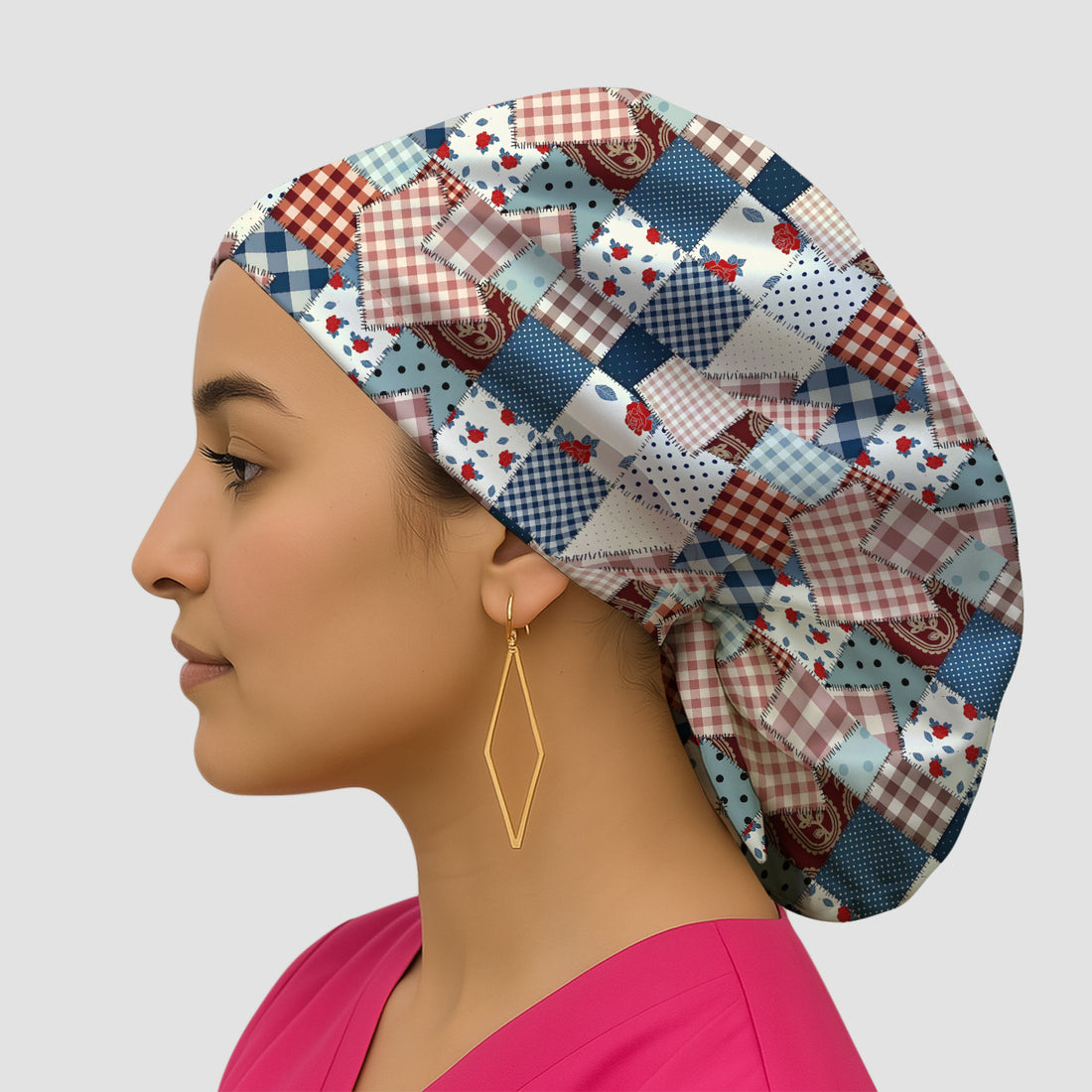 Retro Patchwork Plaid Quilt Pattern Scrub Cap, Breathable Fabrics Caps Uniform