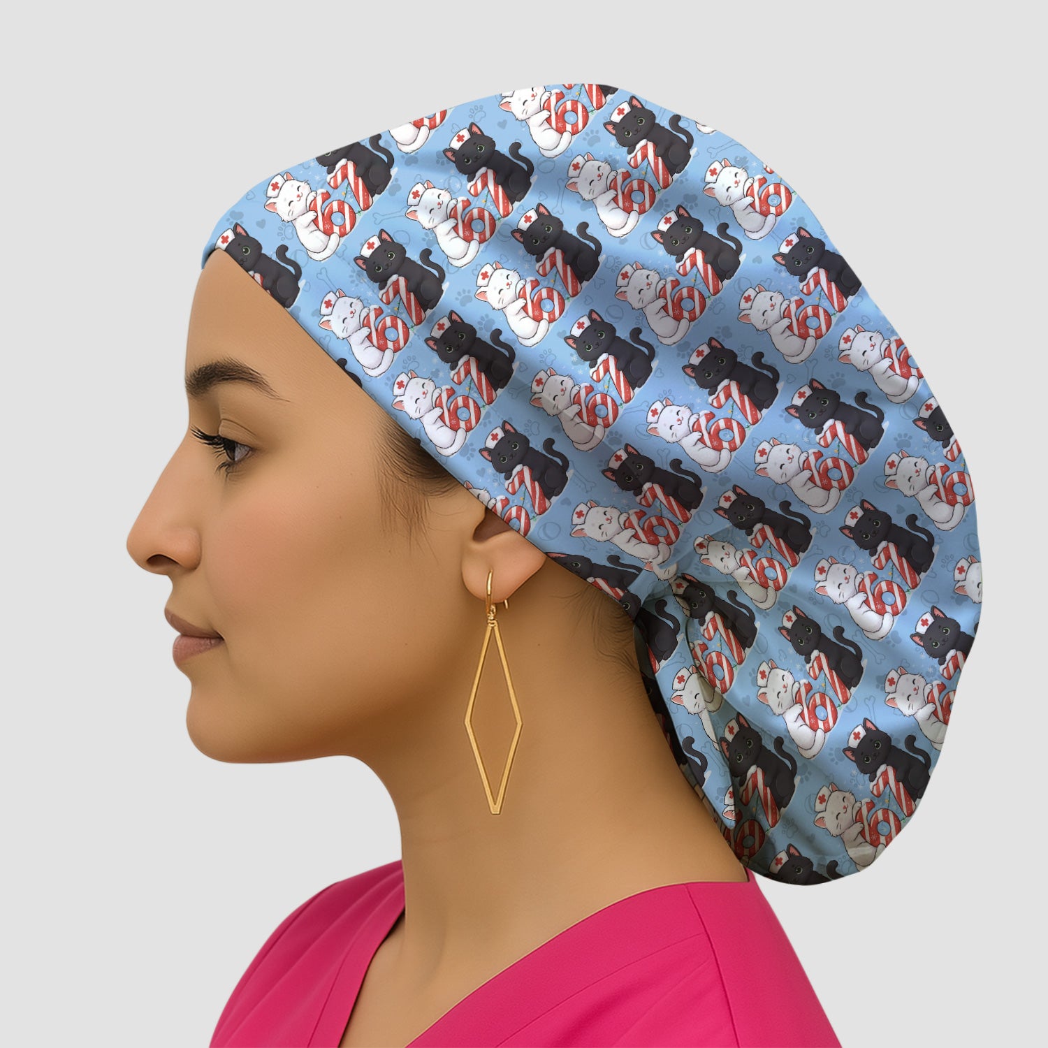 Xmas Cat Pattern Scrub Cap, Christmas Nurse Six Seven With Cat Scrub Hat, Breathable Fabrics Nursing Uniform
