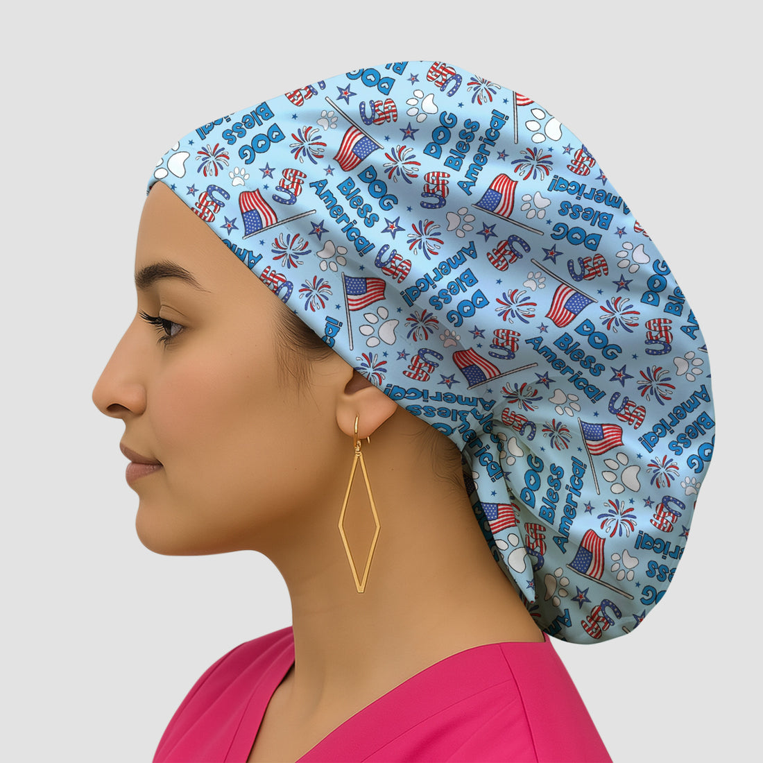 Funny Patriotic Dog Bless America Flag Pattern Scrub Cap, Surgical Caps for Doctors