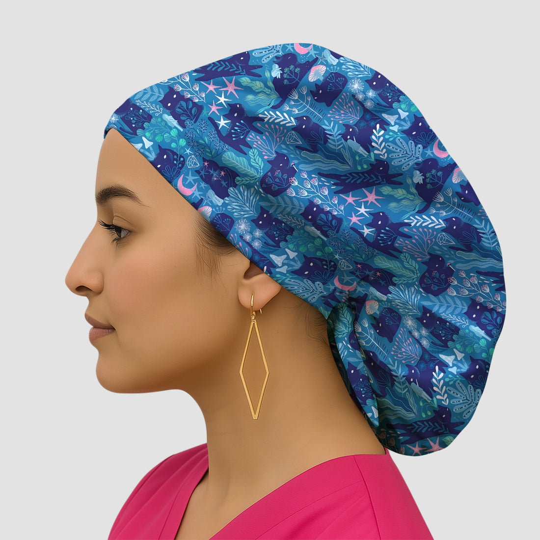 Adorable Celestial Cat Moon Star Pattern Scrub Cap, Breathable Fabrics Caps Uniform