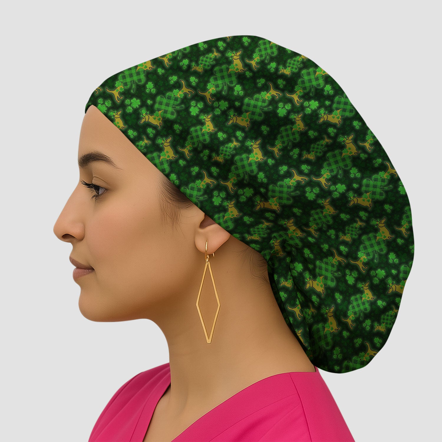 St. Patrick’s Day Dachshund Dog Pattern Scrub Cap, Lucky Shamrock Puppy Nurse Scrub Hat, Green Irish Nursing Uniform