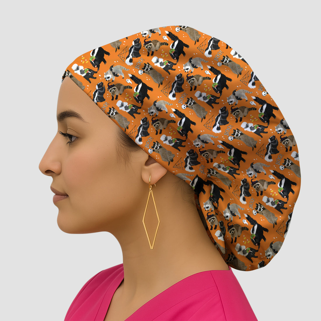 Halloween Wildlife with Skunk Raccoon Pattern Scrub Cap, Surgical Caps for Doctors