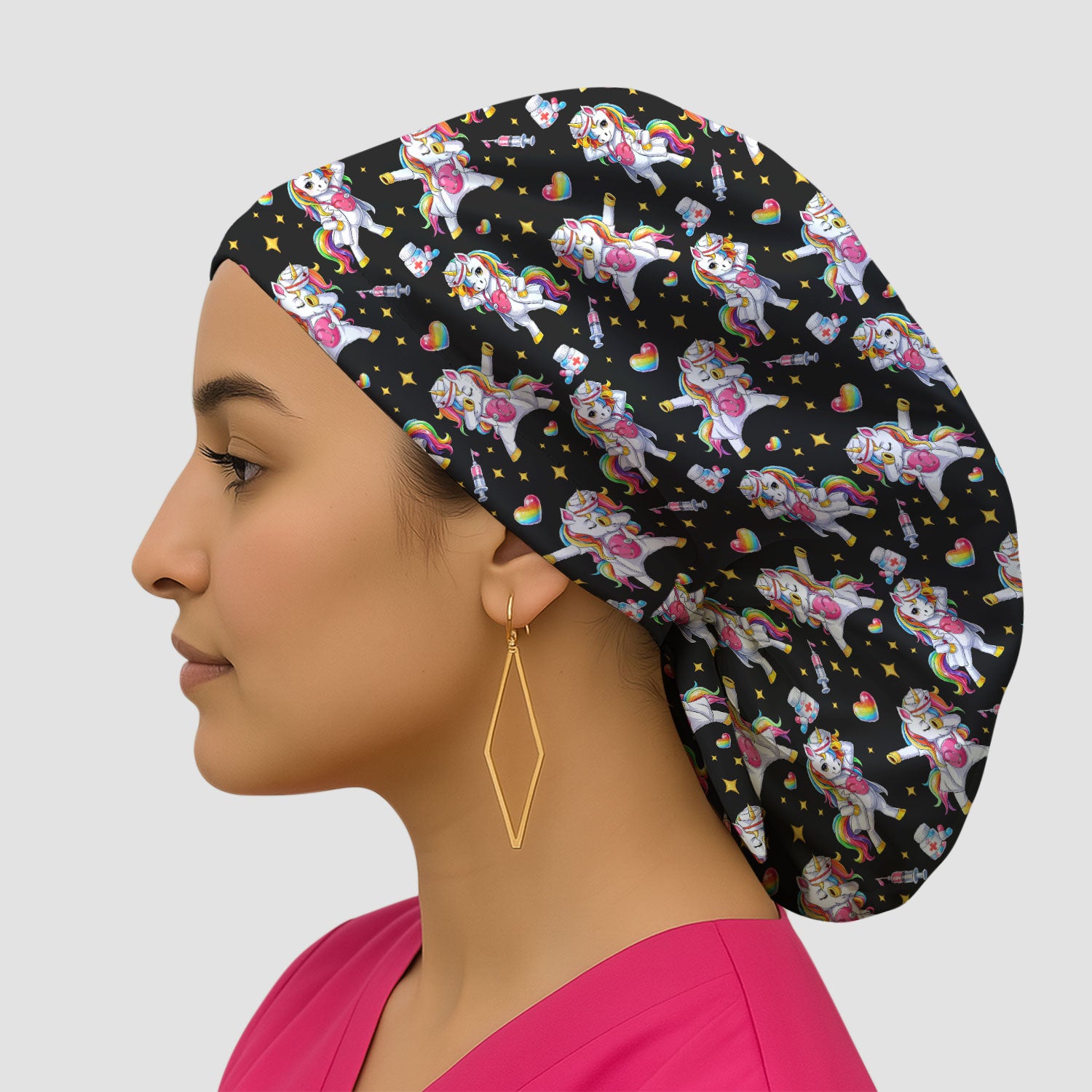 Playful Nurse Unicorn Rainbow Pattern Cap, Bouffant Scrub Caps for Women
