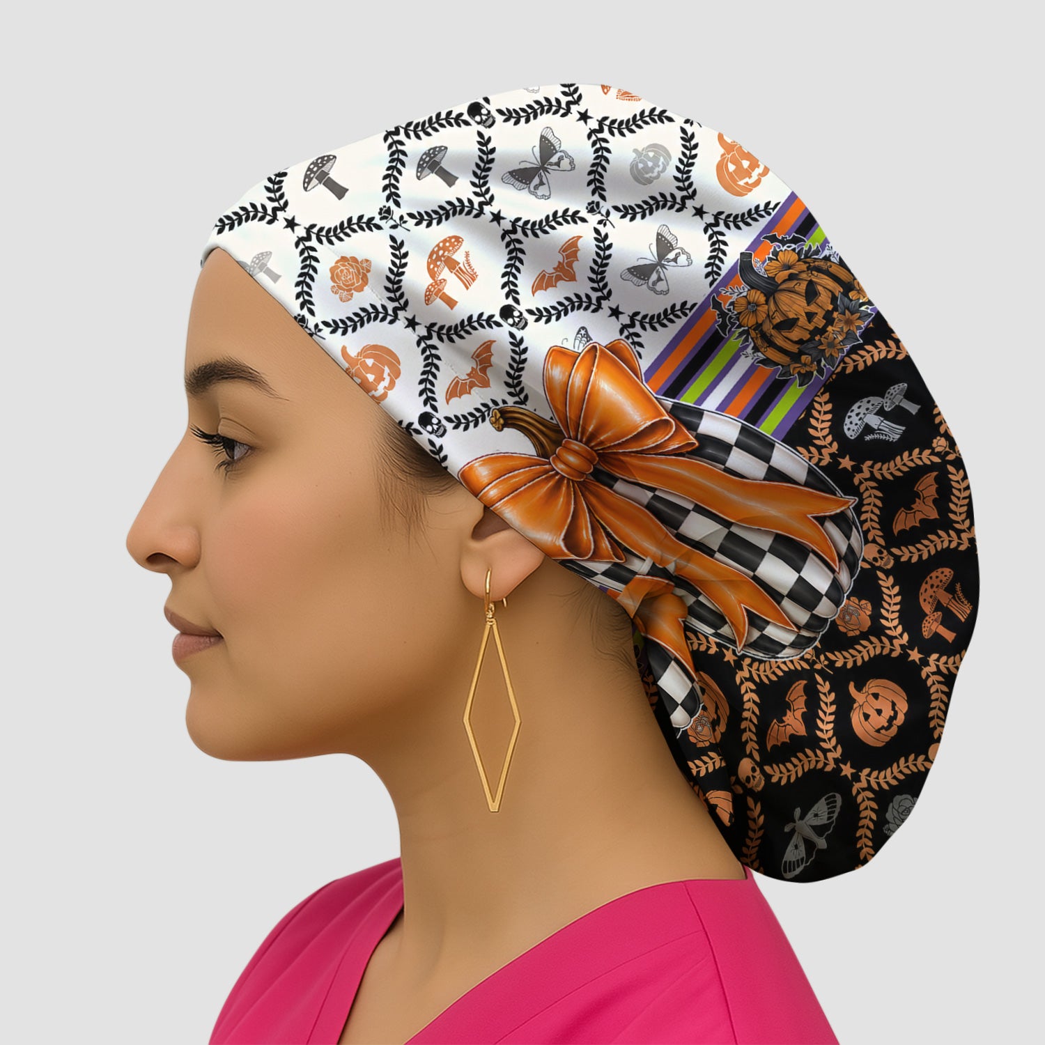 Halloween Checkered Pumpkin With Bow Pattern Scrub Cap, Surgical Caps for Doctors