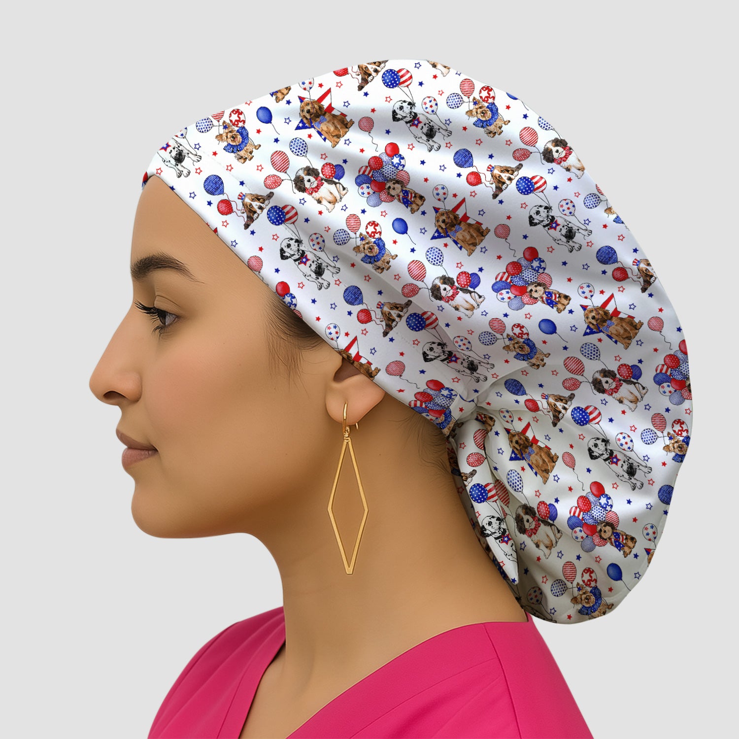 Patriotic Dogs With USA Flag Balloons Pattern Scrub Cap, Surgical Caps for Doctors