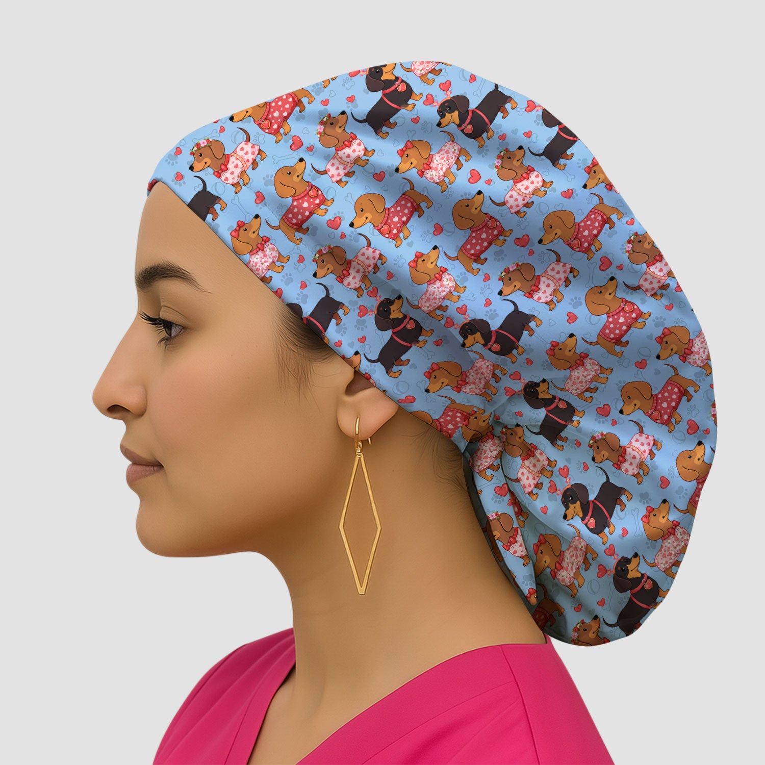 Valentine Dachshund Scrub Cap, Wiener Dog Love Pattern Nurse Hat, Breathable Fabrics Nursing Uniform