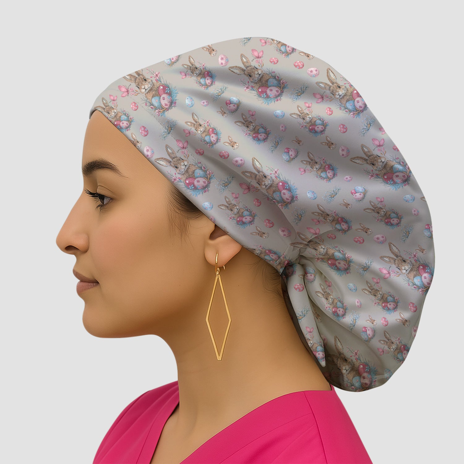 Pastel Easter Bunny Nest Pattern Print Cap, Bouffant Scrub Caps for Women