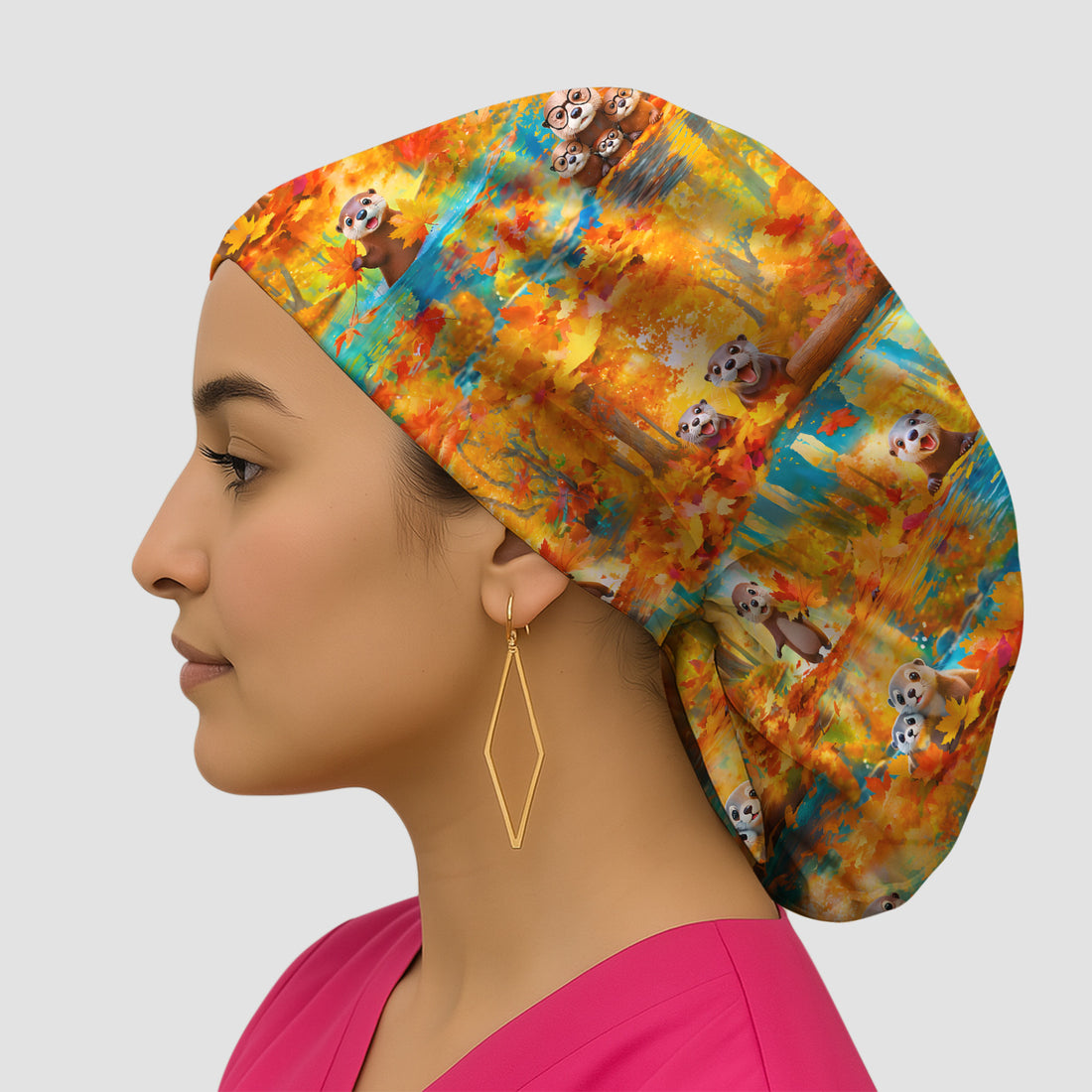 Cute Autumn Otter Leaf Forest Pattern Scrub Cap, Surgical Caps for Doctors