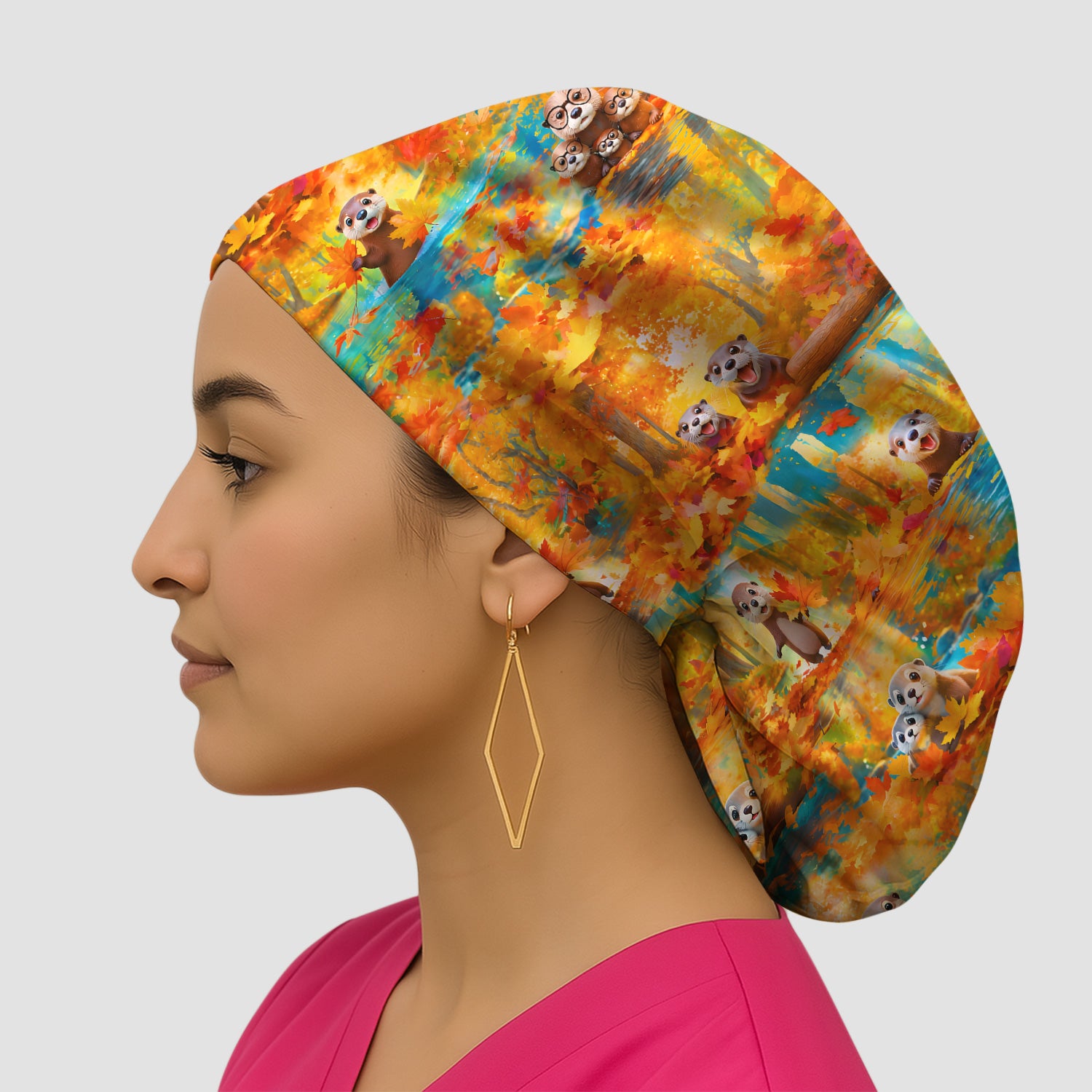 Cute Autumn Otter Leaf Forest Pattern Scrub Cap, Surgical Caps for Doctors