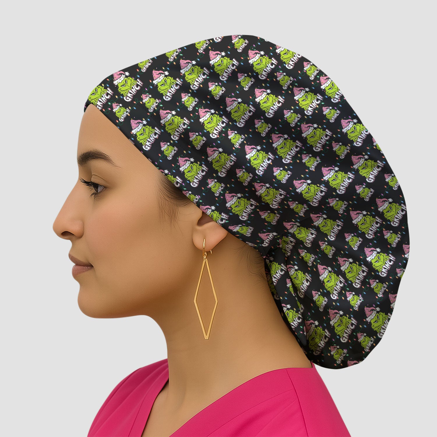 Grinch with Santa Hat Christmas Nurse Scrub Cap - Funny Holiday Surgical Hat Multi Color - Xmas Bouffant Cap for Women