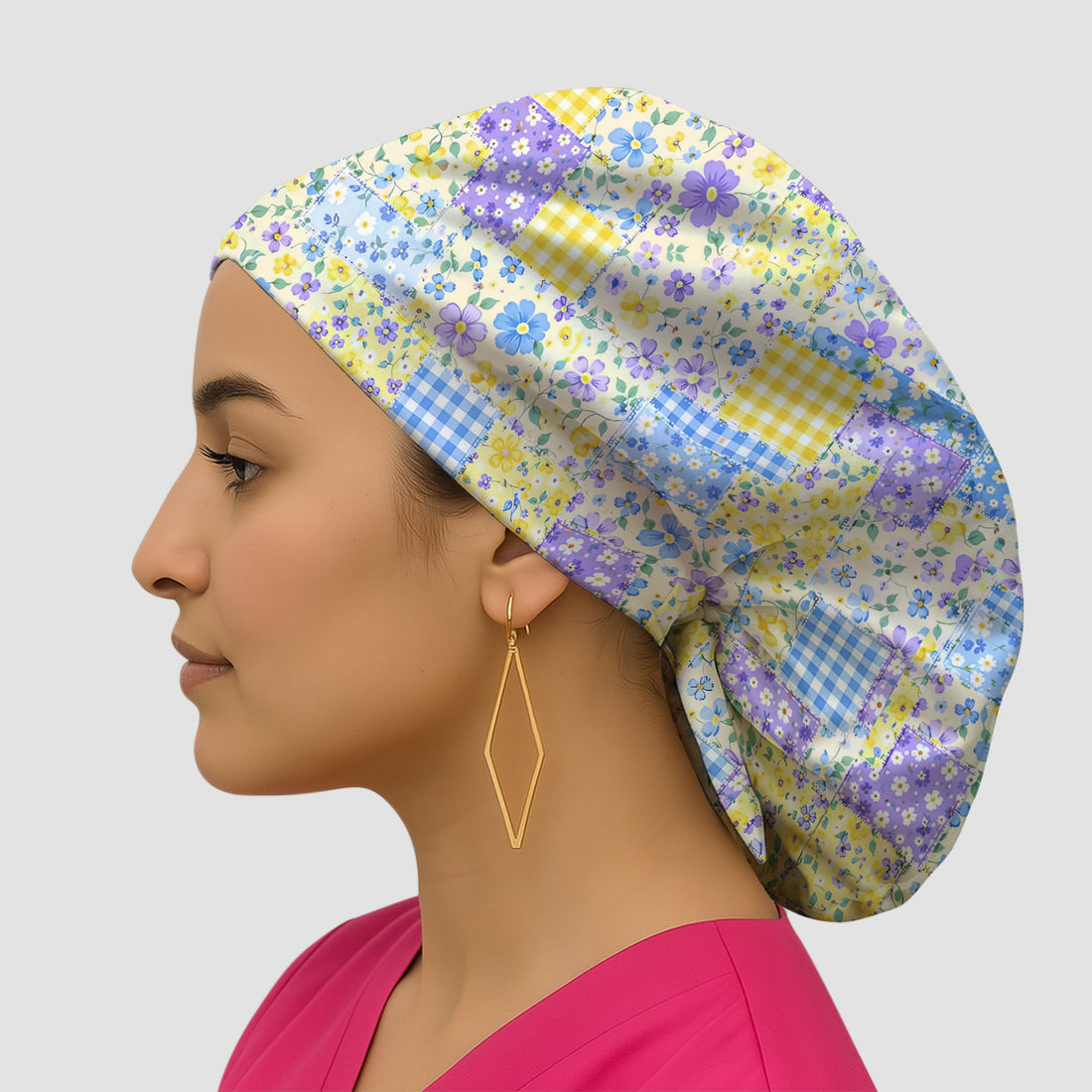 Cute Floral Patchwork Gingham Pattern Scrub Cap, Breathable Fabrics Caps Uniform