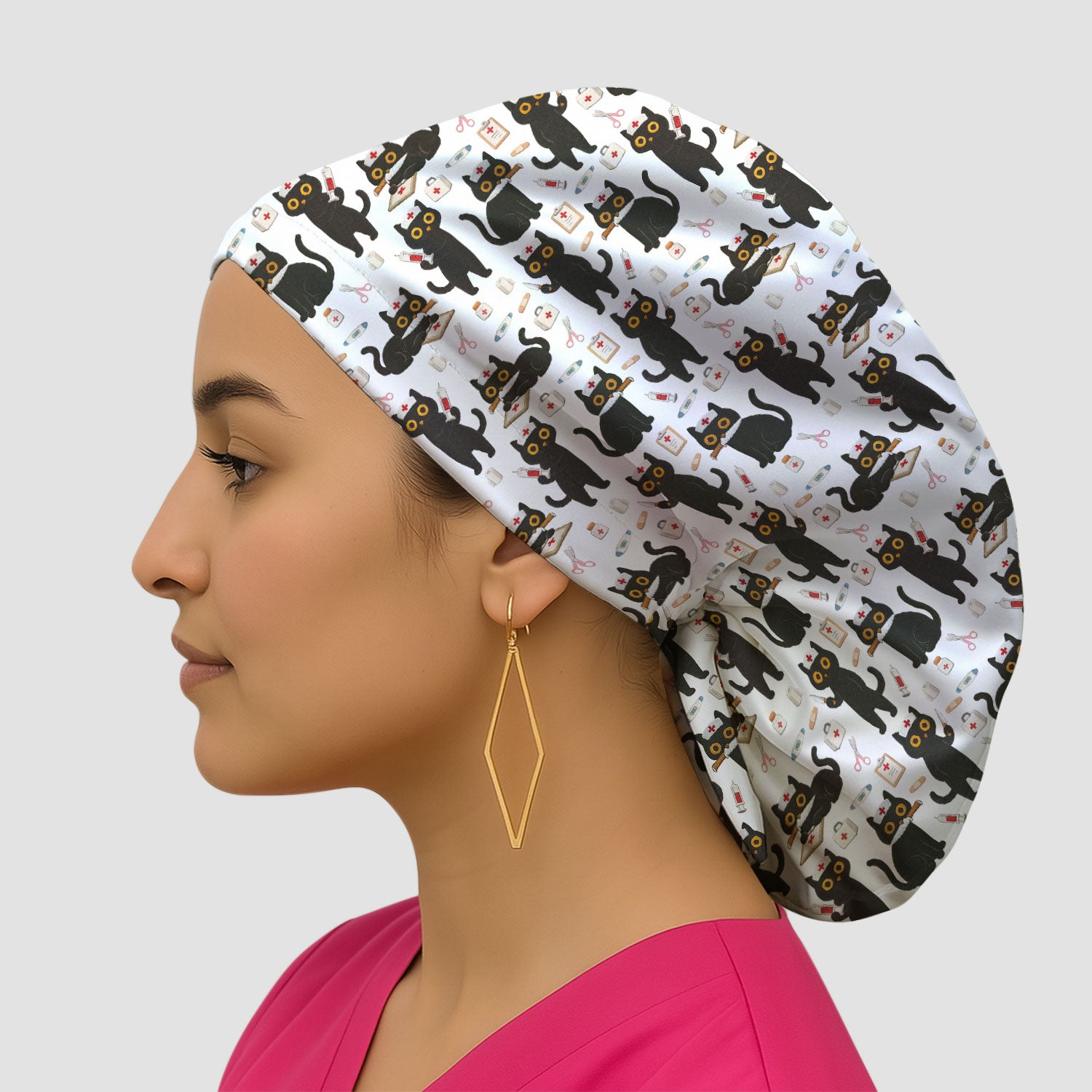 Cute Black Cat Nurse Pattern Cap, Bouffant Scrub Caps for Women