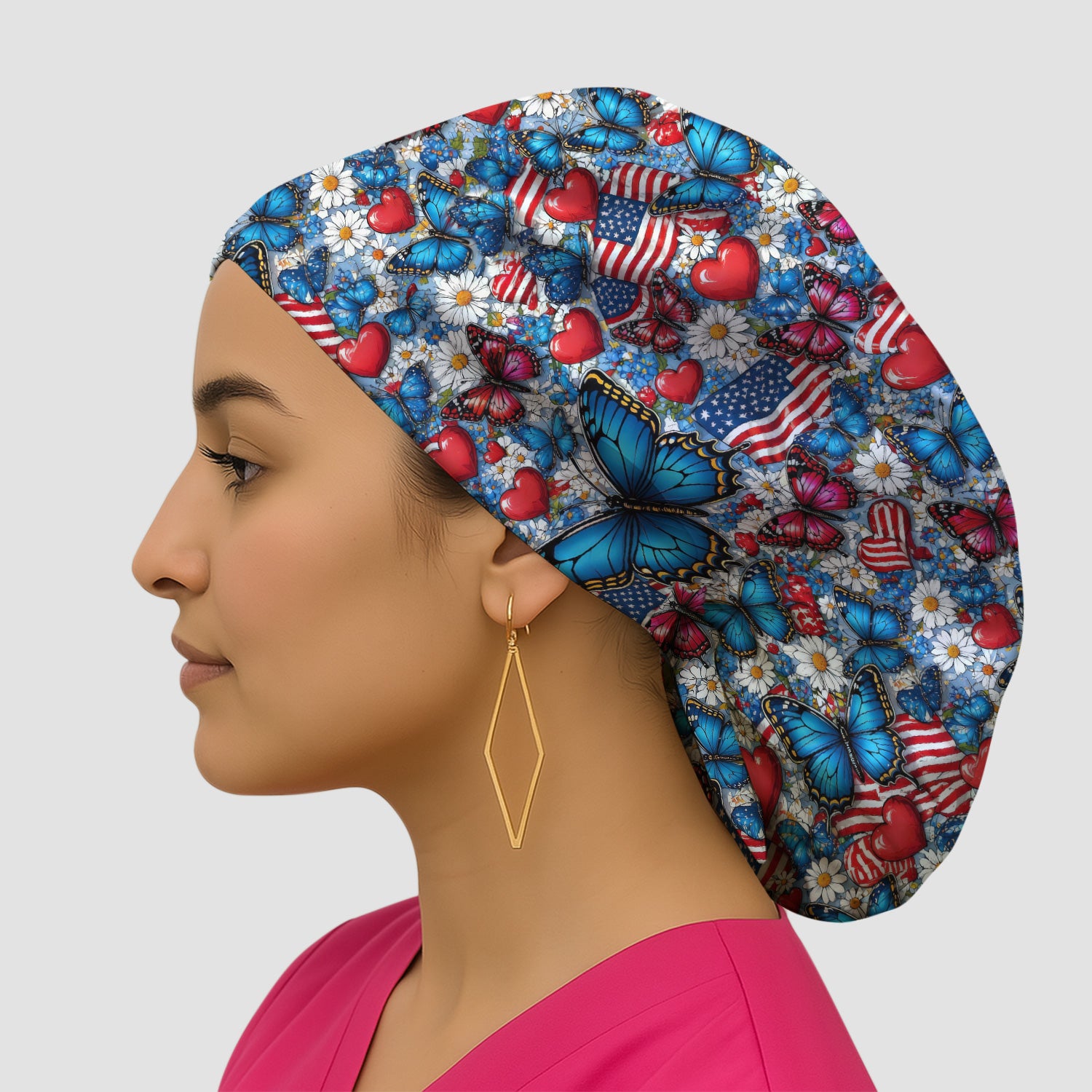 Festive Patriotic Butterfly Heart Floral Pattern Nurse Scrub Cap, Surgical Caps for Doctors