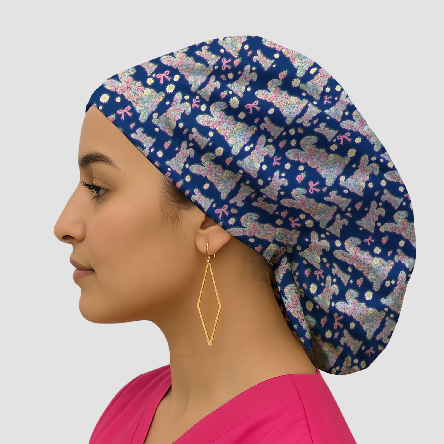 Colorful Floral Bunny with Pink Bow Pattern Scrub Cap, Breathable Fabrics Caps Uniform