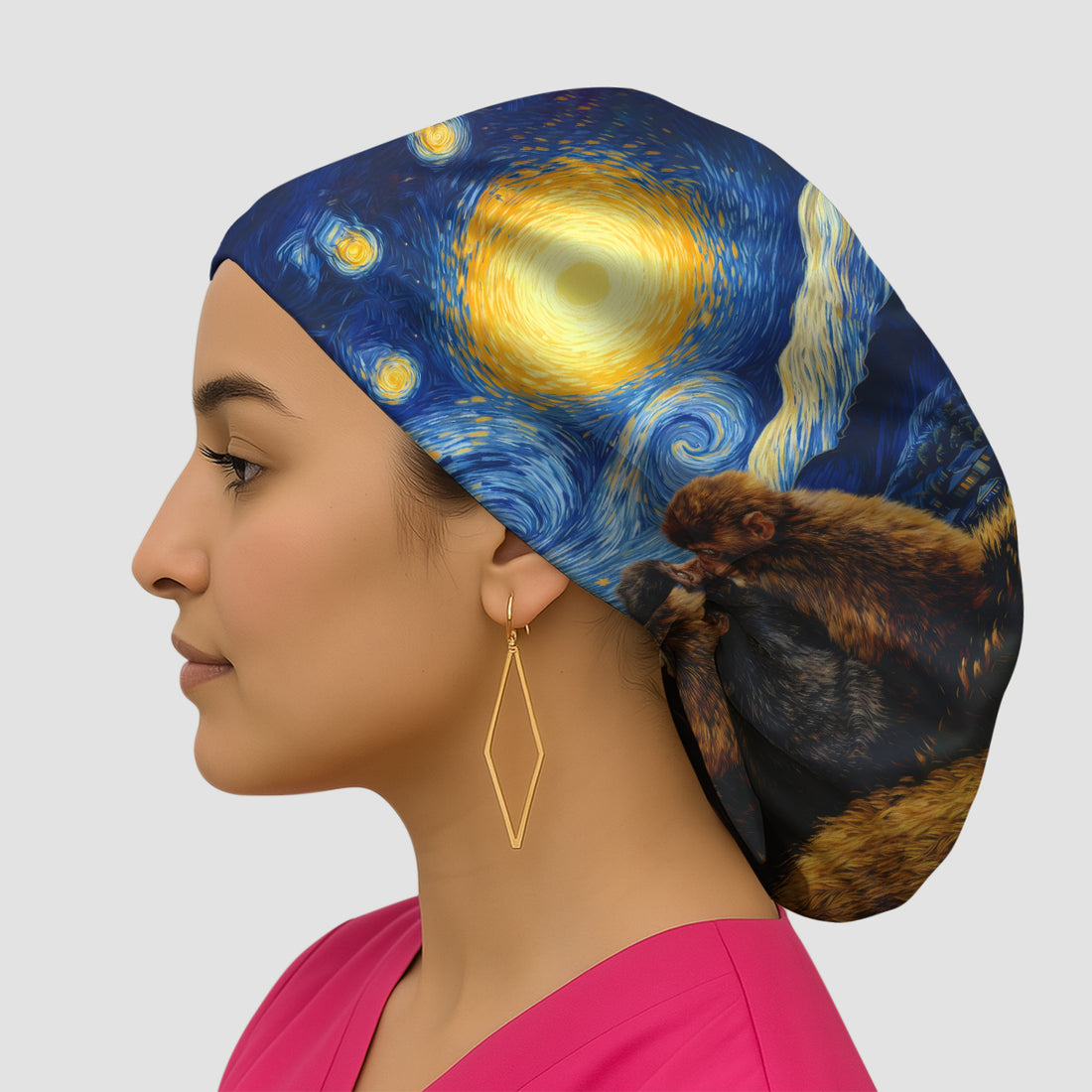 Romantic Monkey Couple Night Sky Pattern Scrub Cap, Breathable Fabrics Caps Uniform