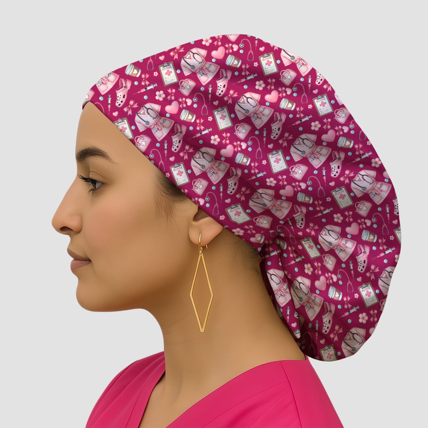 Valentine Pink Nurse Icons Print Scrub Cap, Bouffant Scrub Caps for Women
