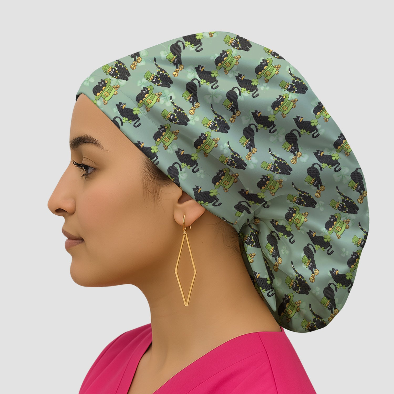 St. Patrick Black Cat Clover Print Scrub Cap, Bouffant Scrub Caps for Women