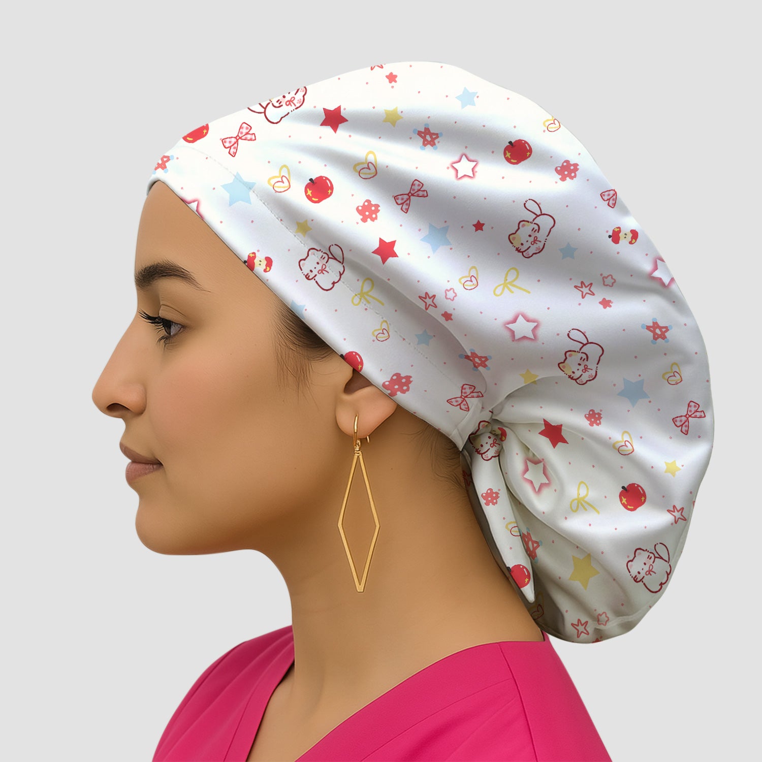 Cute Kawaii Cat Bow Star Pattern Print Cap, Bouffant Scrub Caps for Women