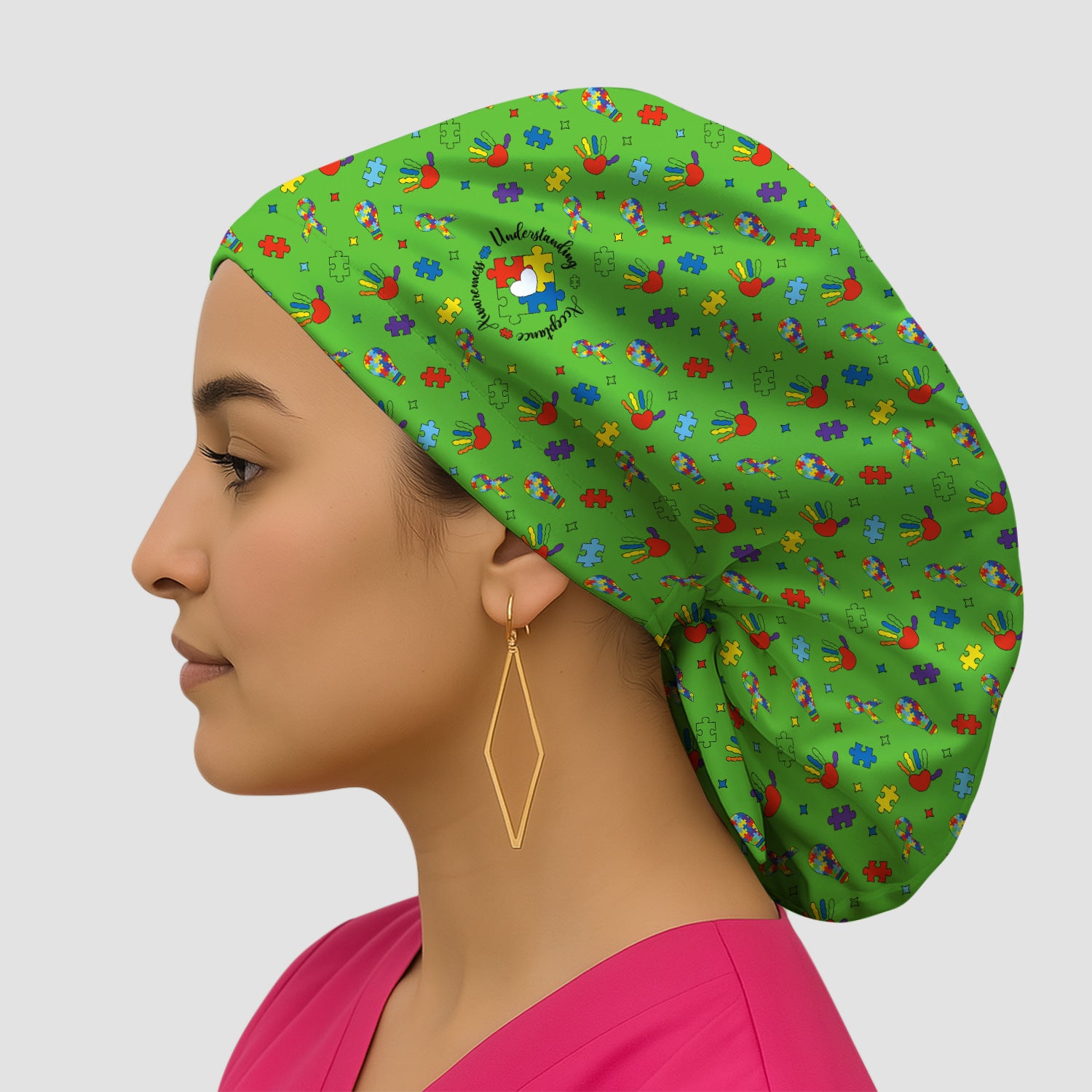 Autism Awareness Colorful Puzzle Pattern Print Cap, Bouffant Scrub Caps for Women