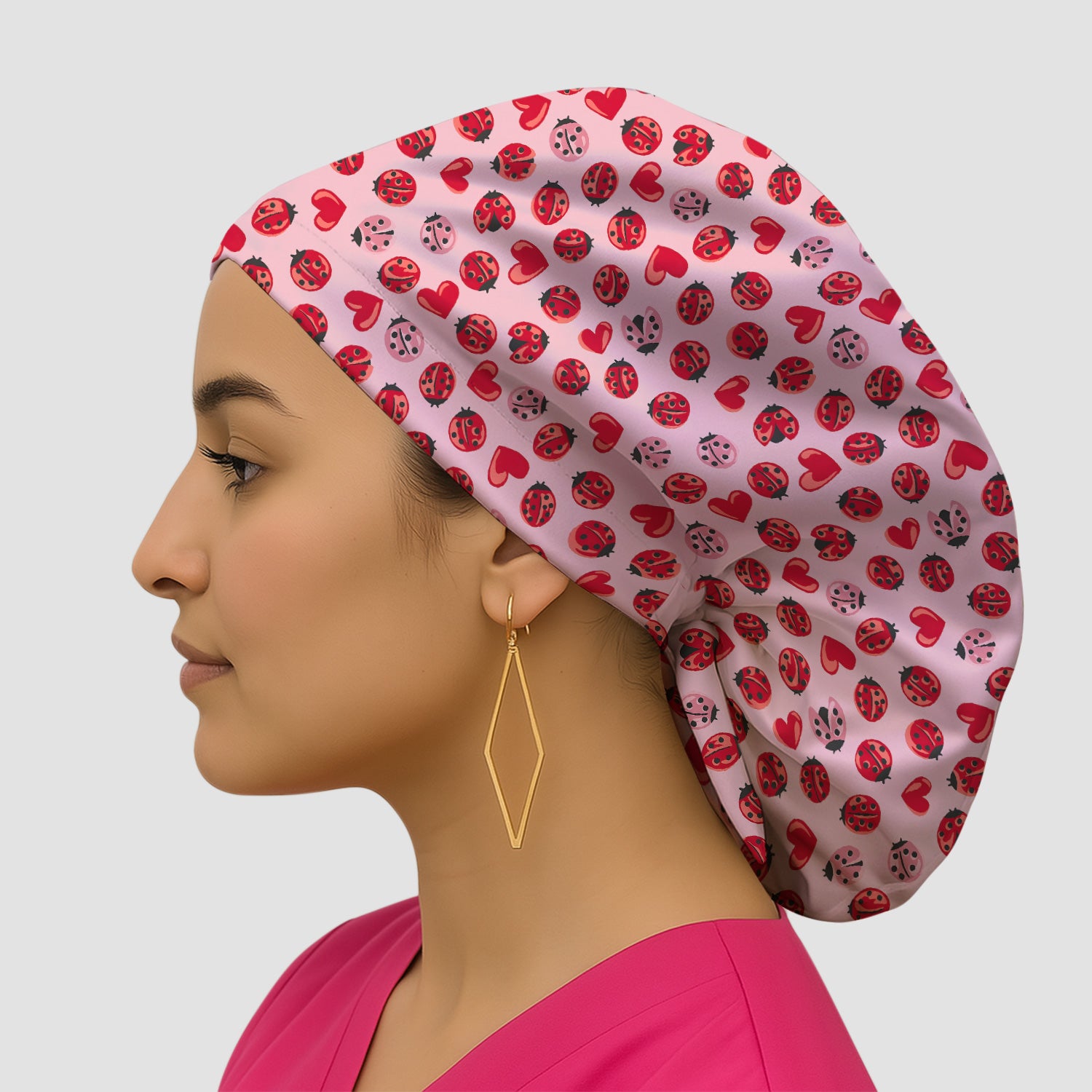 Cute Ladybug and Red Heart All Over Print Cap, Bouffant Scrub Caps for Women