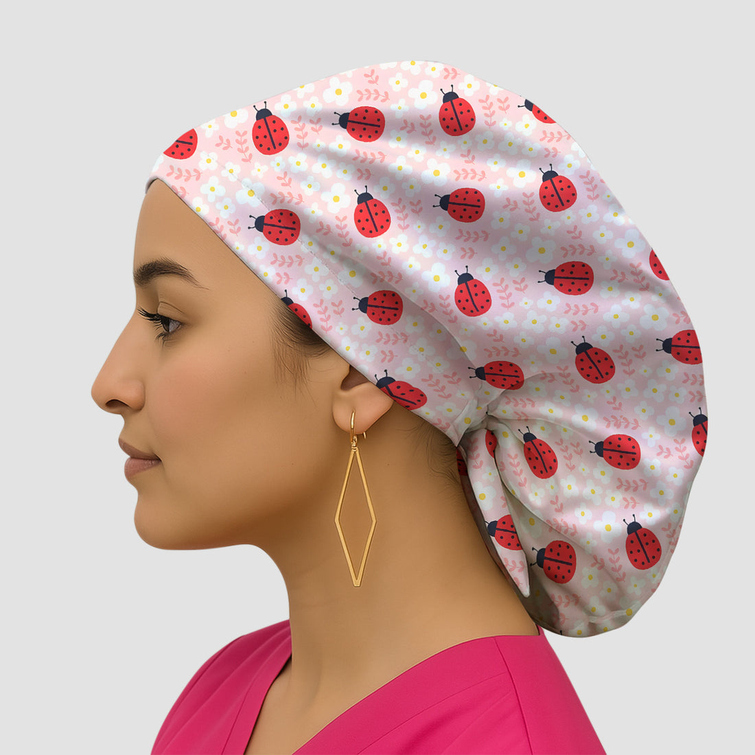 Cute Ladybug Blossom Print Scrub Cap, Bouffant Scrub Caps for Women