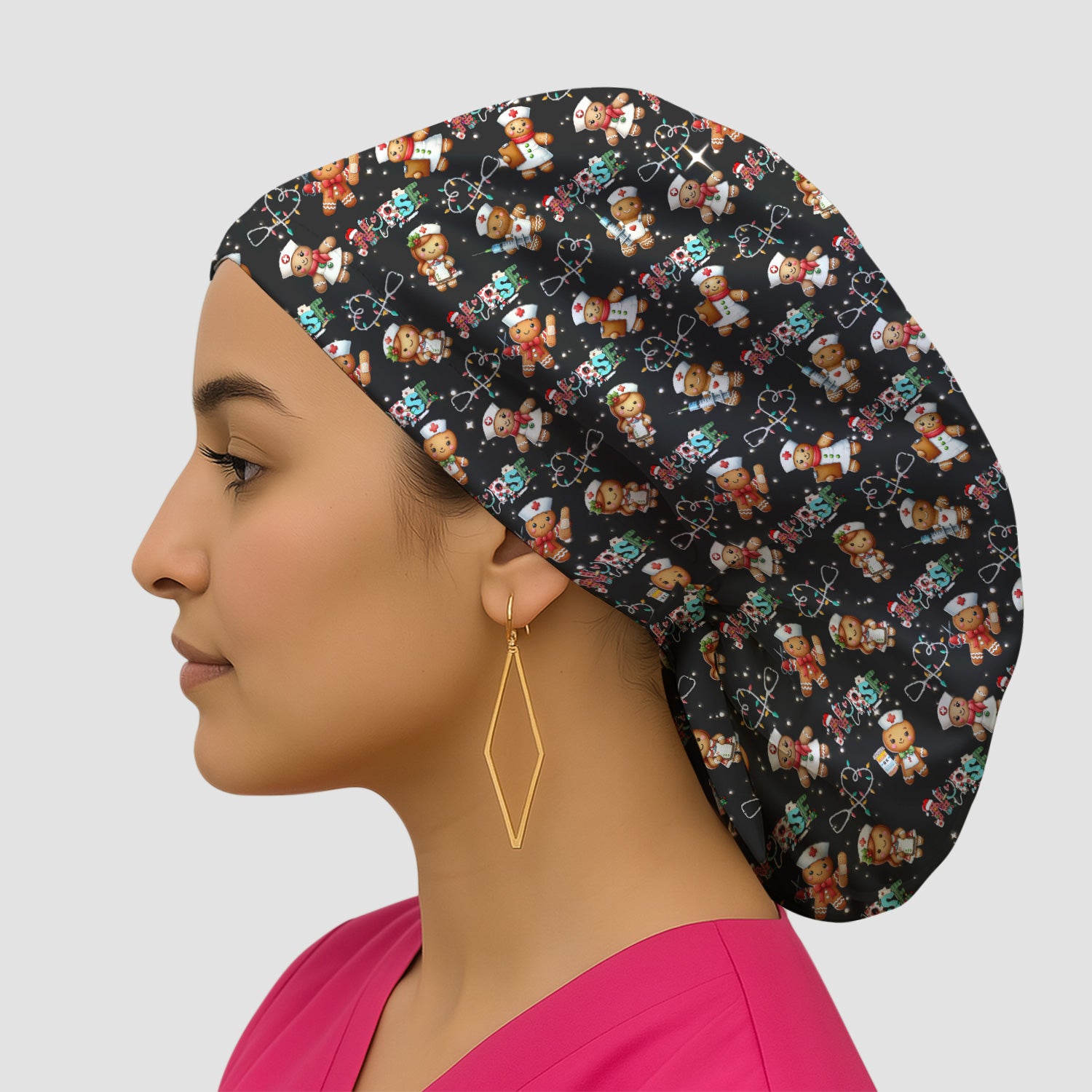 Nurse Scrub Cap with Buttons for Women - Christmas Surgical Hats Cute Gingerbread Design - Medical Bouffant Cap Long Hair
