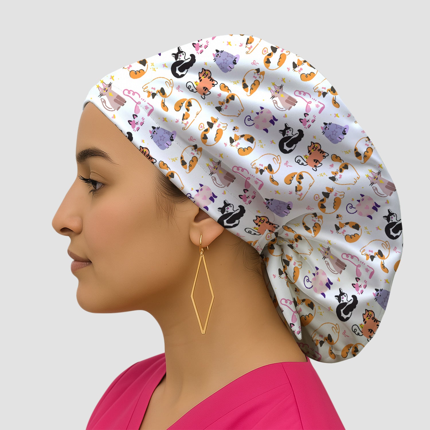 Funny Cat Pattern Scrub Cap, Cute Cats Nursing Uniform For Women