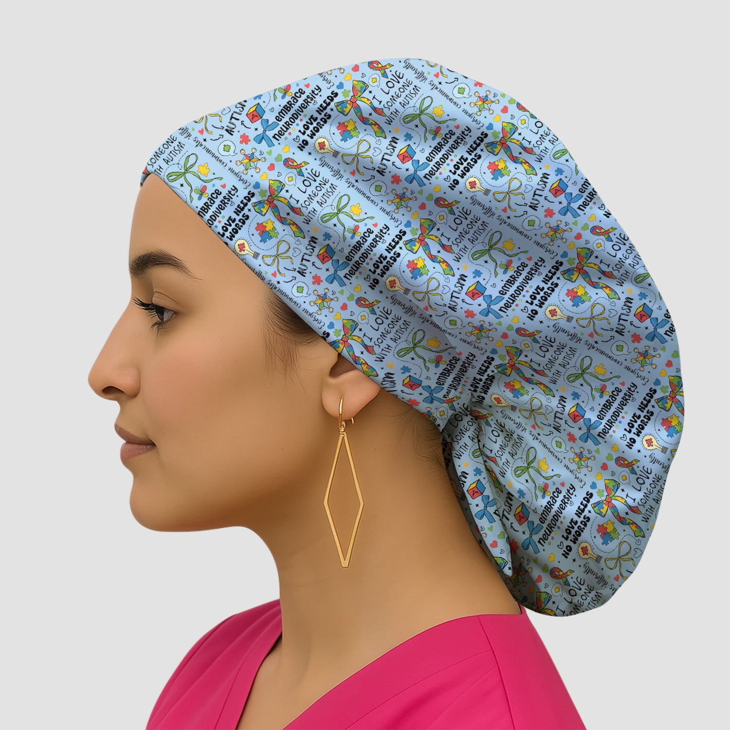 Autism Awareness Puzzle Ribbon Pattern Print Cap, Bouffant Scrub Caps for Women