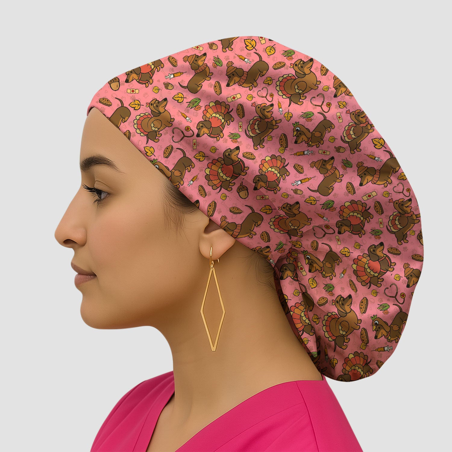 Thanksgiving Wiener Dog Bouffant Scrub Caps for Women - Funny Dachshund Turkey Holiday Nursing Gift - Breathable Fabrics Caps