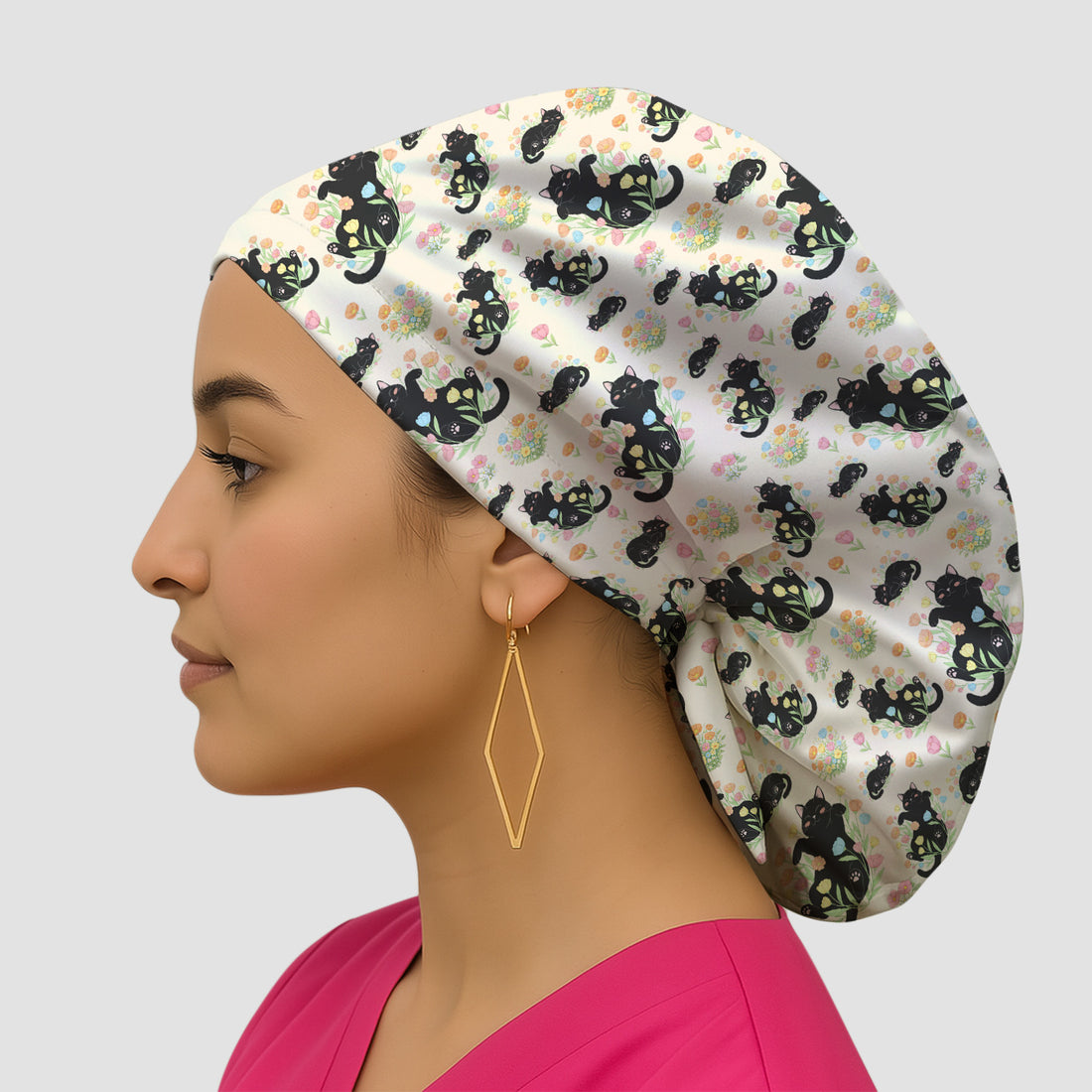 Cats With Cute Poses Floral Pattern Caps, Bouffant Scrub Caps for Women