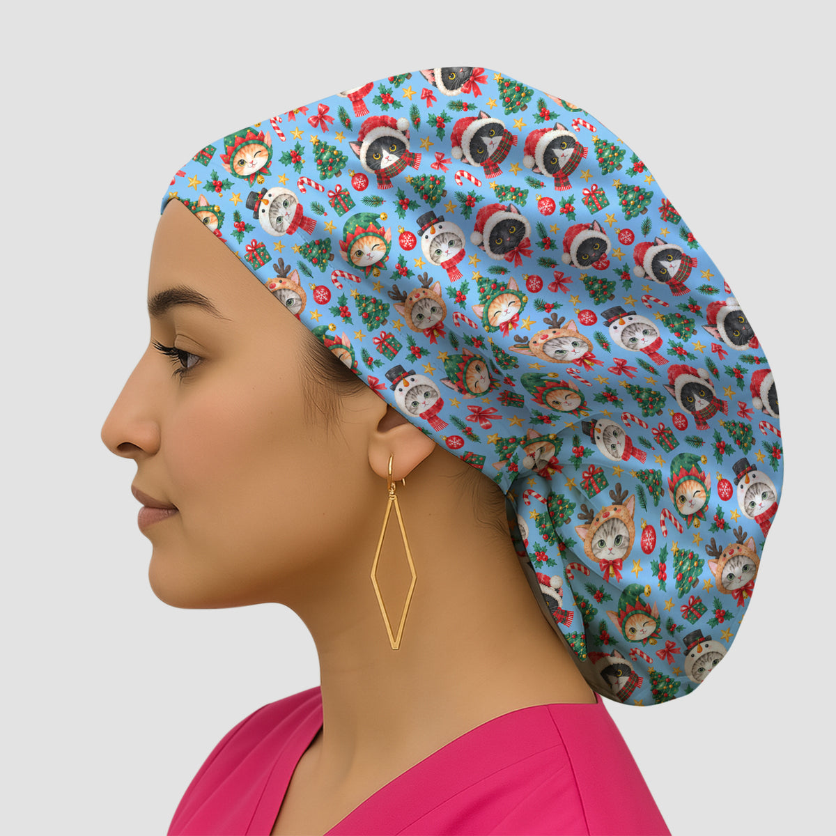 Christmas Cats And Trees Pattern Scrub Cap, Kawaii Medical Pattern Hat, Breathable Fabrics Nursing Uniform
