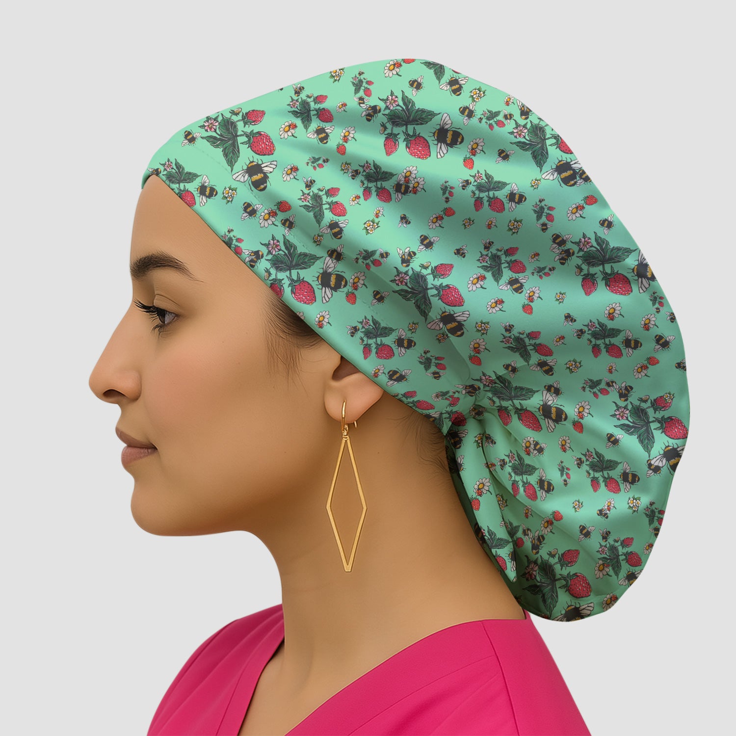 Cute Strawberry Bee Daisy Floral Pattern Scrub Cap, Bouffant Scrub Caps for Women