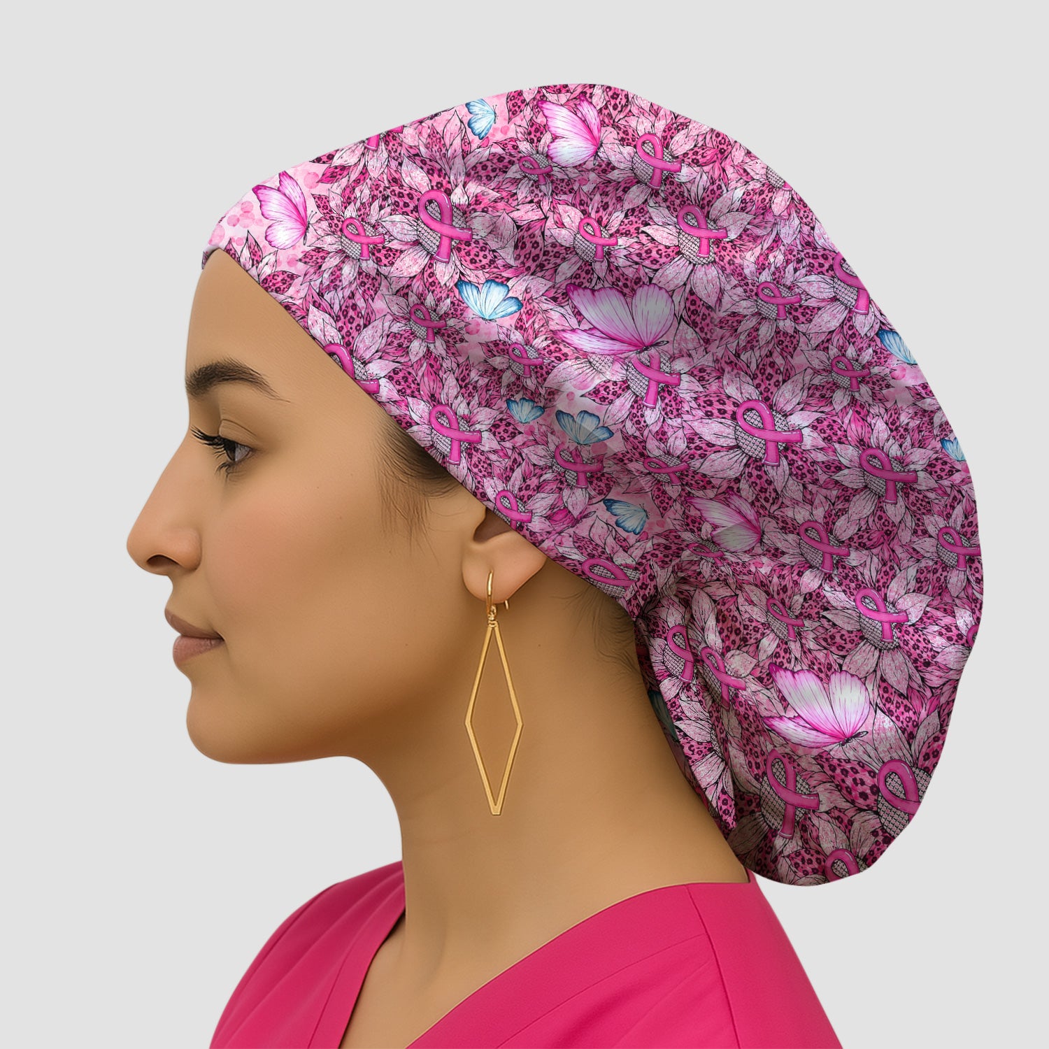 Pink Ribbon Butterfly Breast Cancer Scrub Cap, Surgical Caps for Doctors