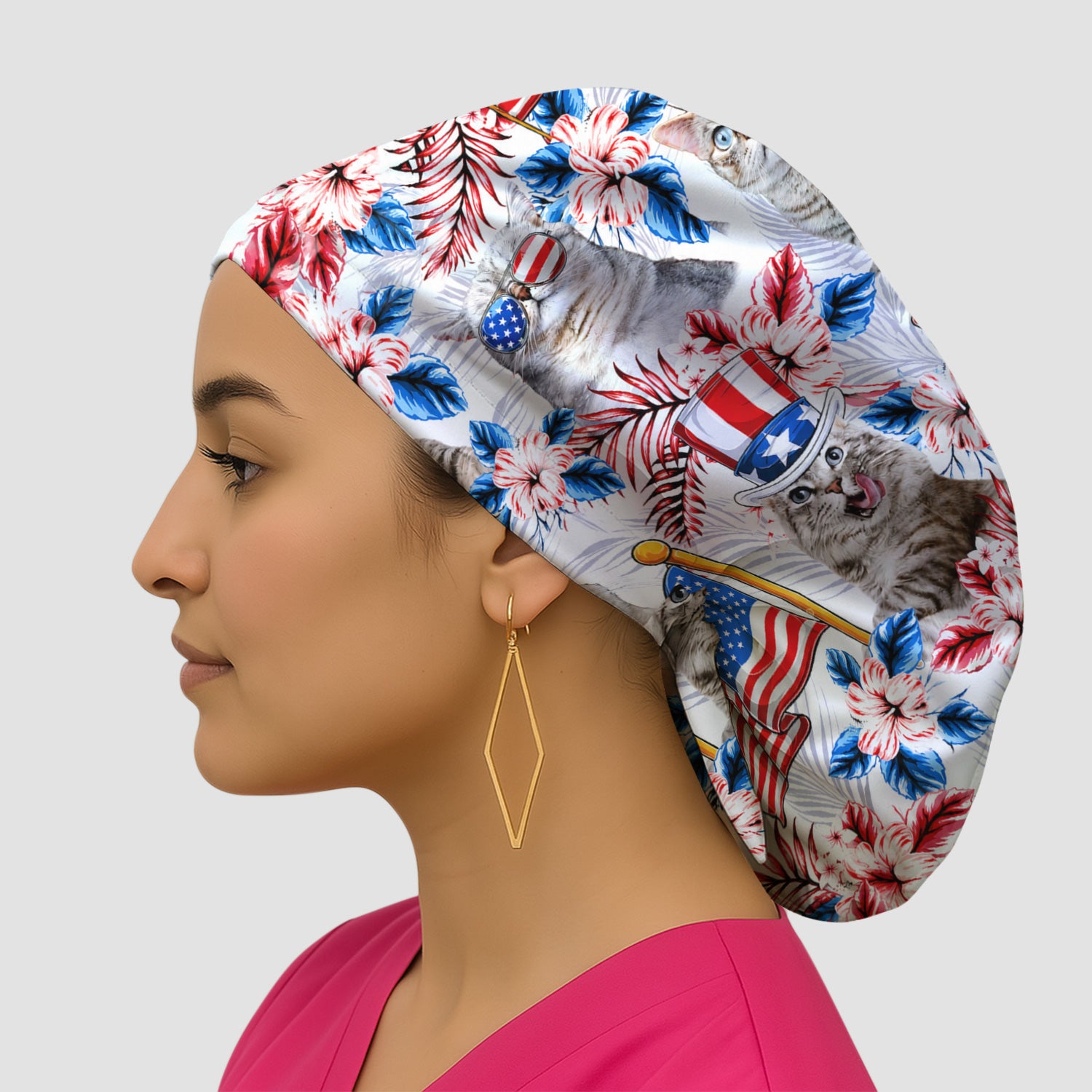 Patriotic Cat with USA Flag Scrub Cap, Surgical Caps for Doctors