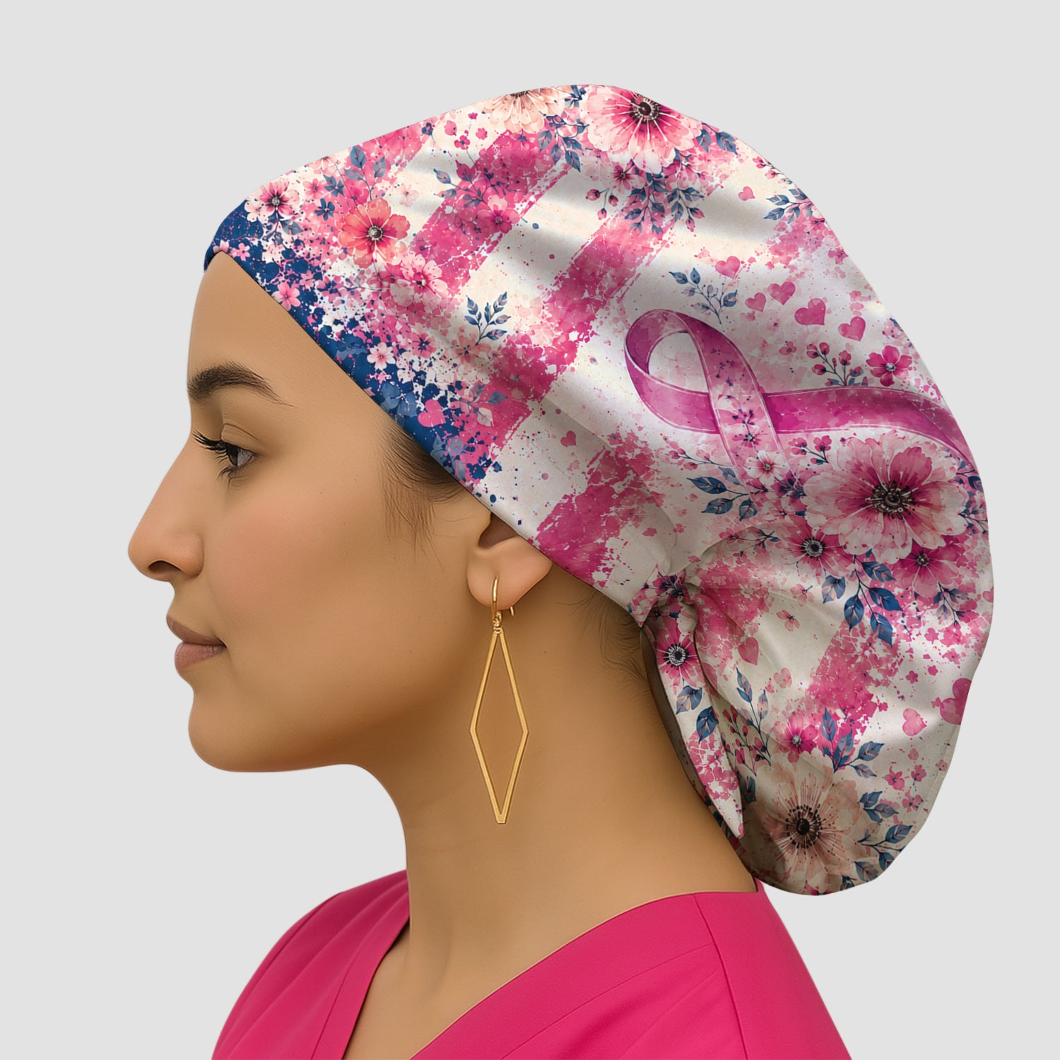 Breast Cancer Floral Flag Scrub Cap, Surgical Caps for Doctors