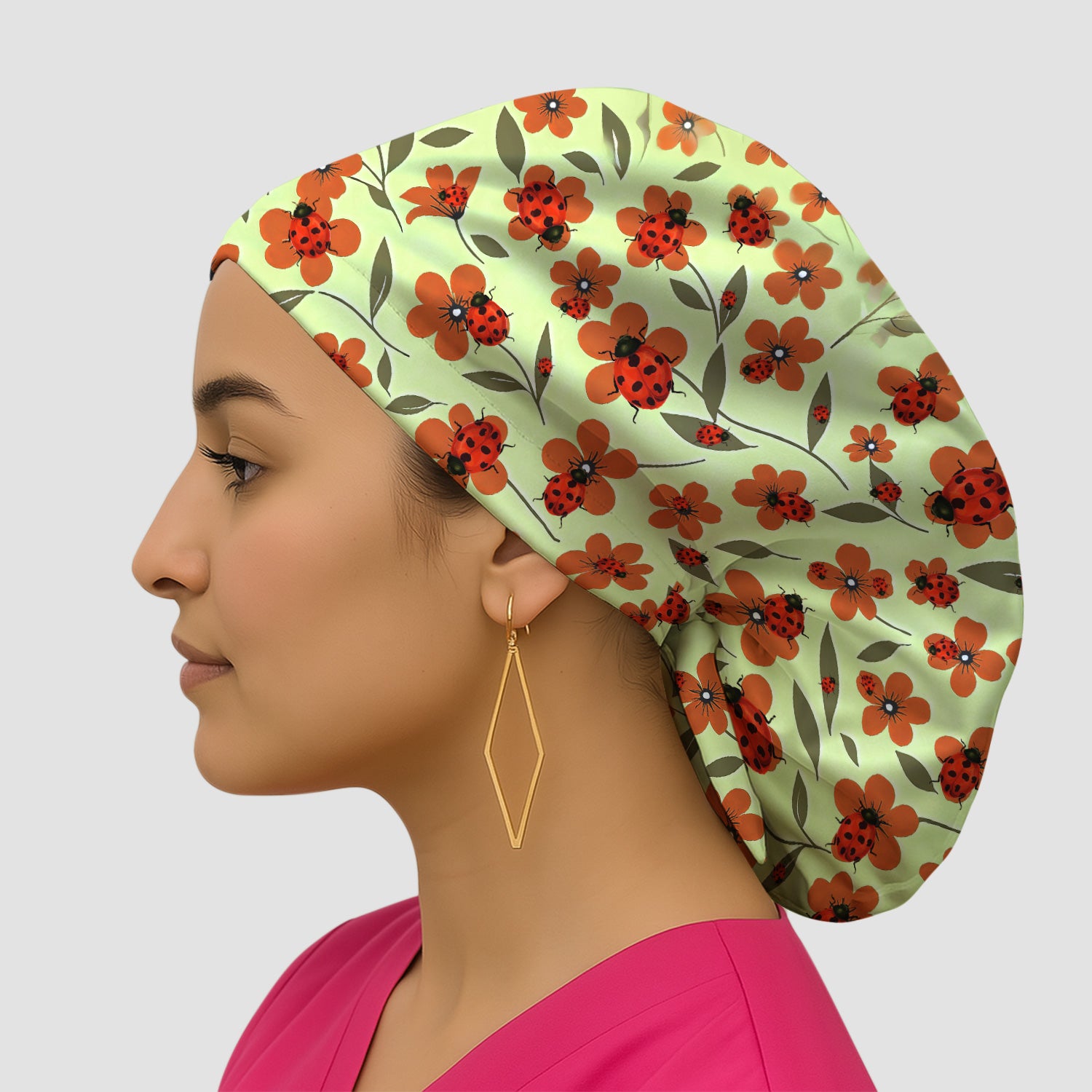 Ladybug on Orange Floral Garden Pattern Scrub Cap, Surgical Caps for Doctors
