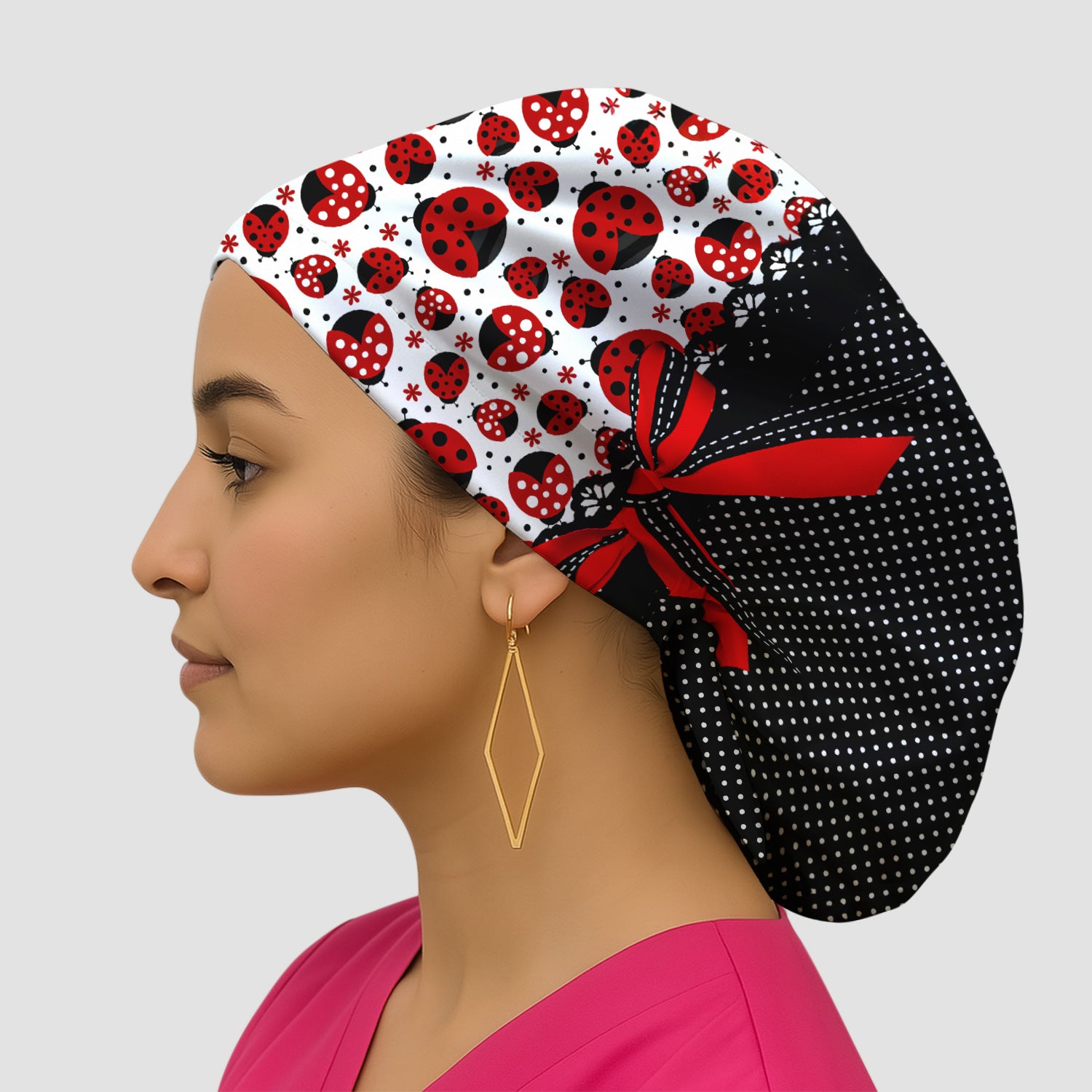 Cute Ladybug Red Ribbon Polka Pattern Scrub Cap, Surgical Caps for Doctors