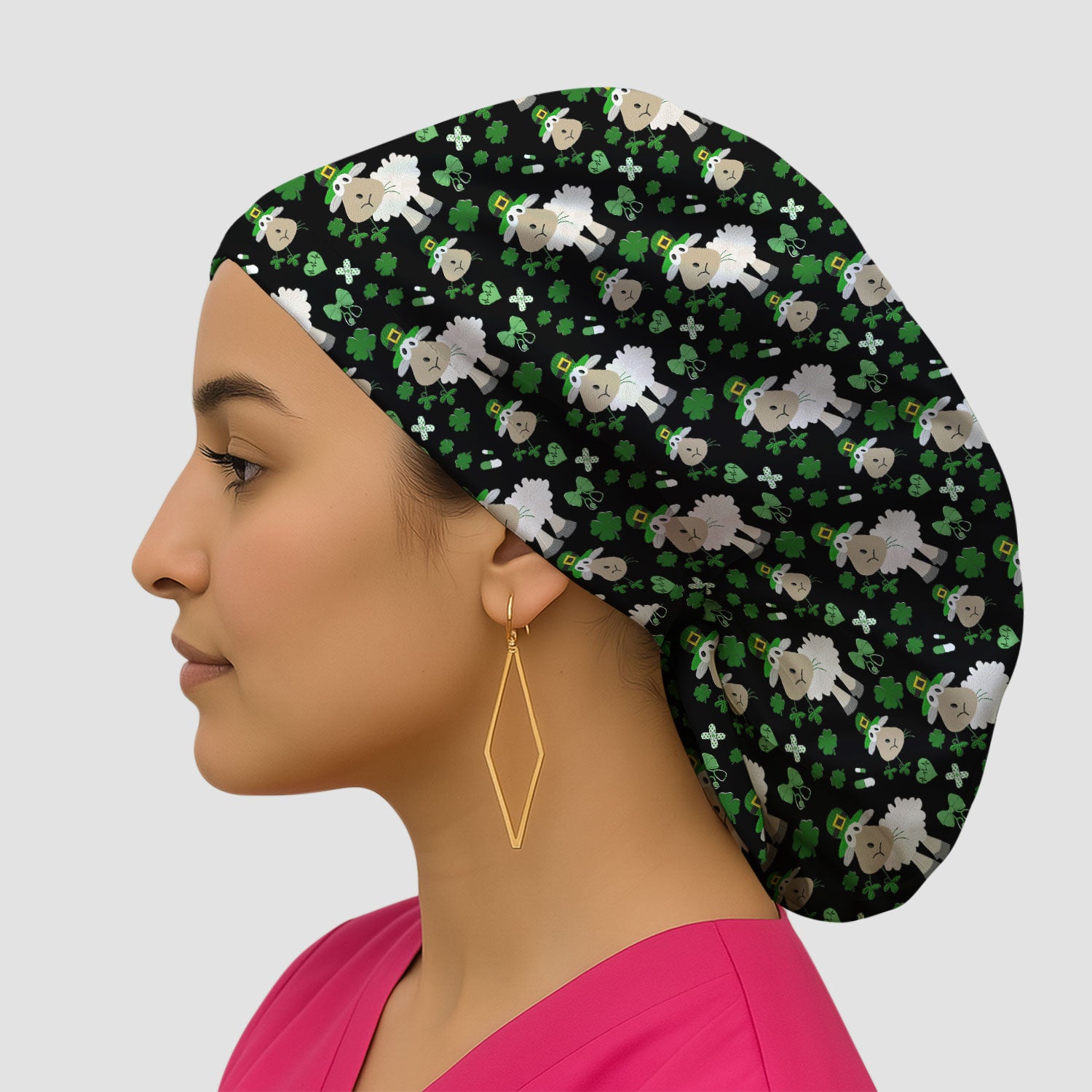 Nurse St. Patrick Scrubs Cap, Cute Sheep Shamrock Pattern Nurse Hat, Breathable Fabrics Nursing Uniform