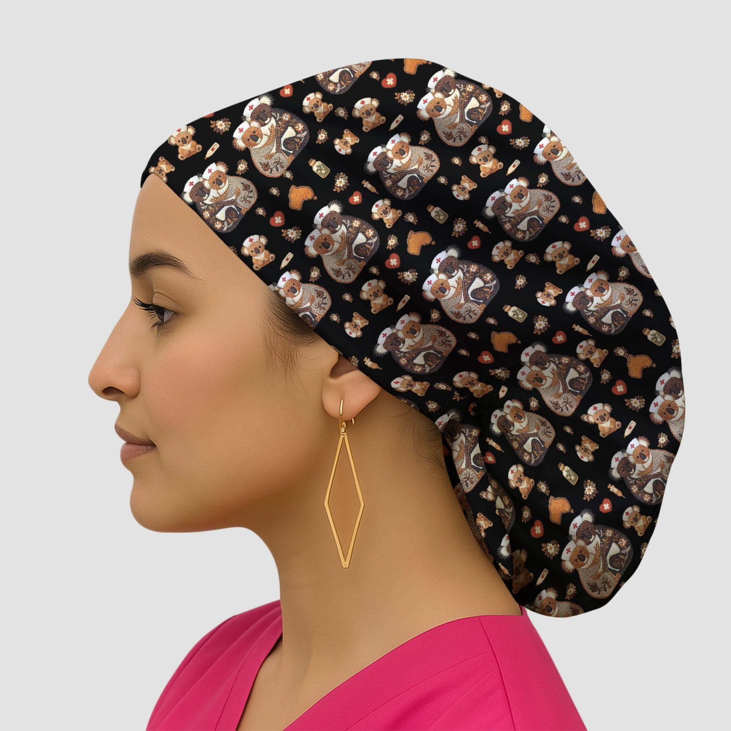 Cute Cartoon Koala Valentine Nurse Design Cap, Bouffant Scrub Caps for Women