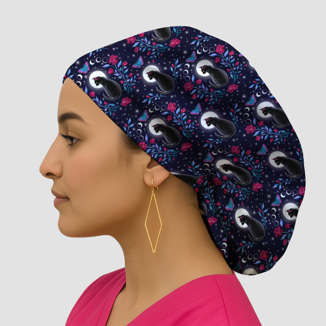 Black Cat Moon Rose Print Scrub Cap, Surgical Caps for Doctors