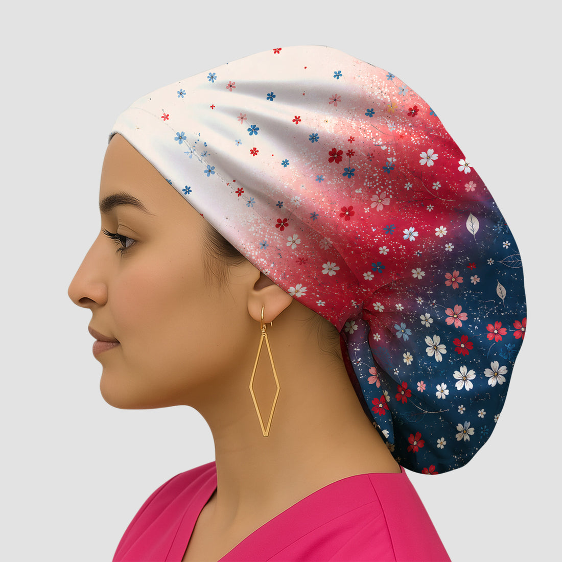 Patriotic Red White Blue Floral Ombre Print Scrub Cap, Surgical Caps for Doctors