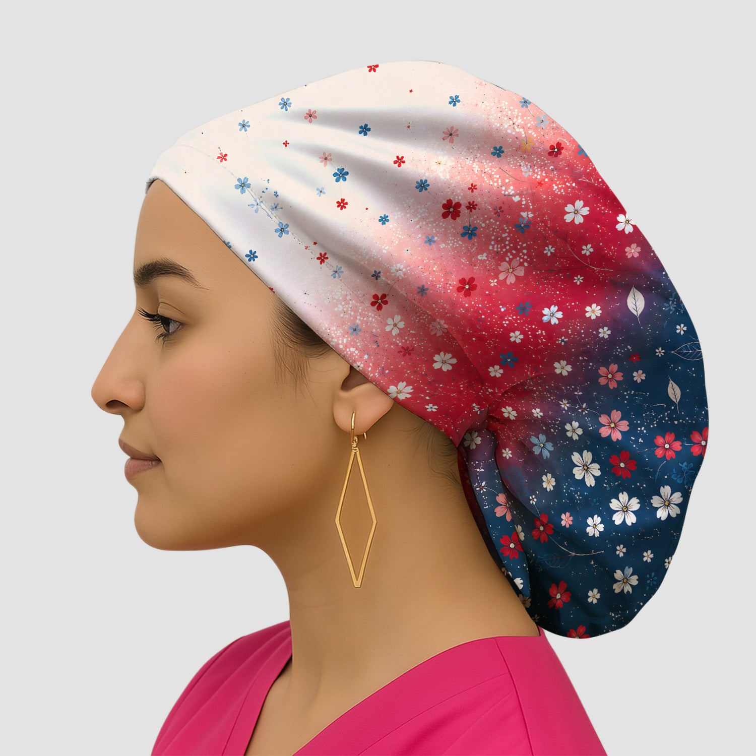 Patriotic Red White Blue Floral Ombre Print Scrub Cap, Surgical Caps for Doctors