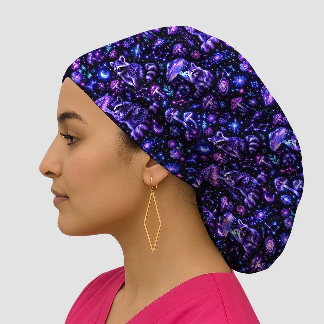 Cosmic Raccoon Mushroom Print Scrub Cap, Surgical Caps for Doctors