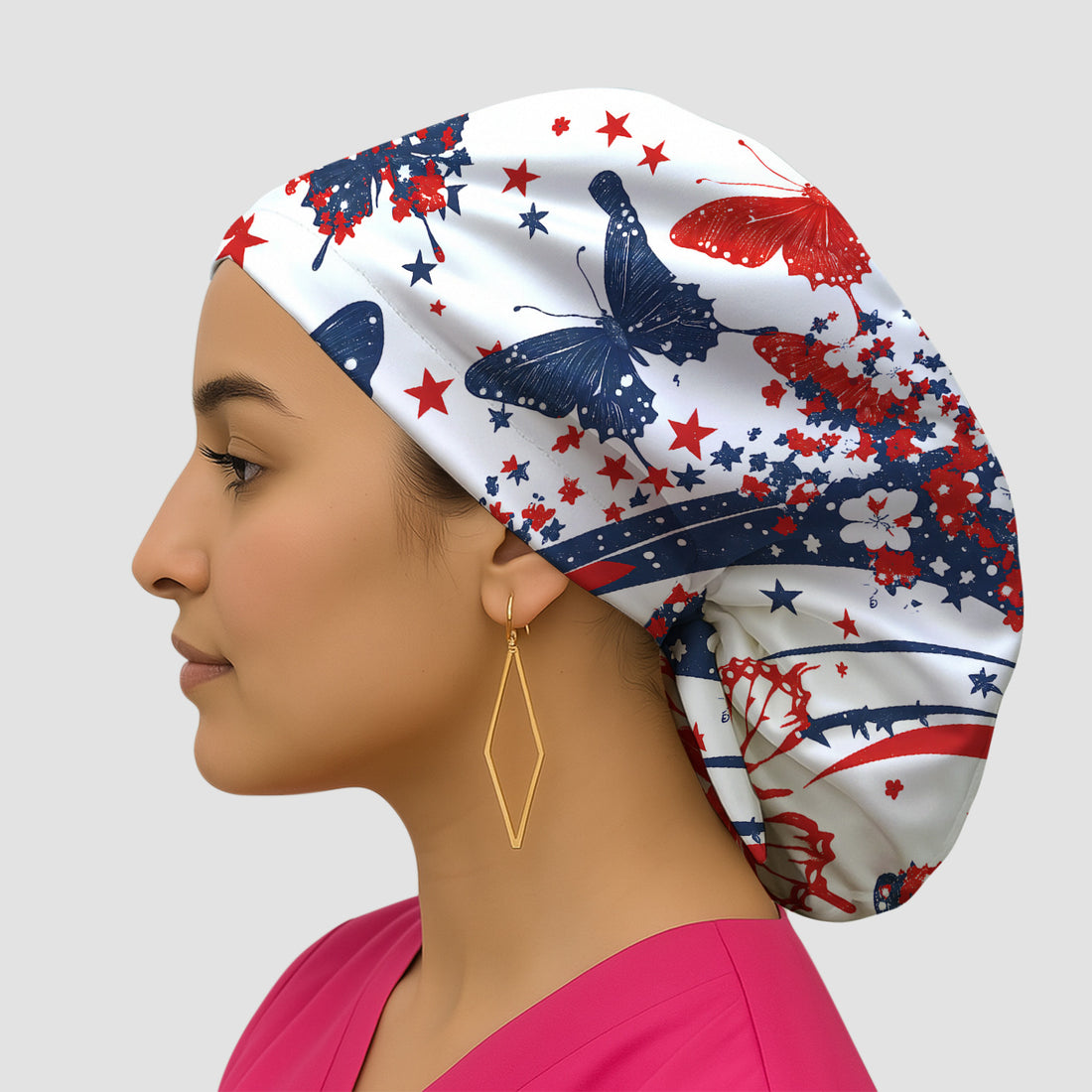 Patriotic Butterfly with Red White Blue Stars Scrub Cap, Surgical Caps for Doctors