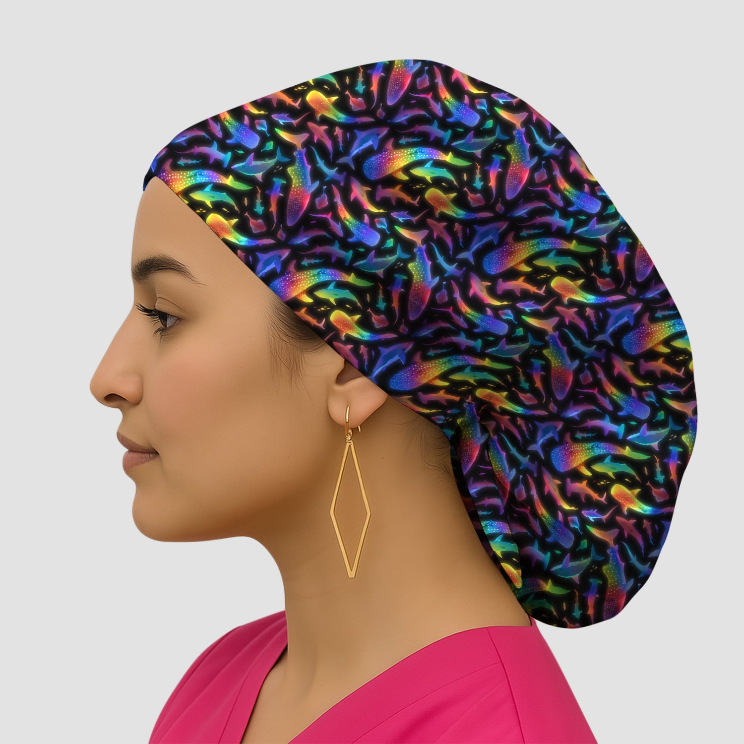 Vibrant Rainbow Shark Pattern Scrub Cap, Breathable Fabrics Caps Uniform