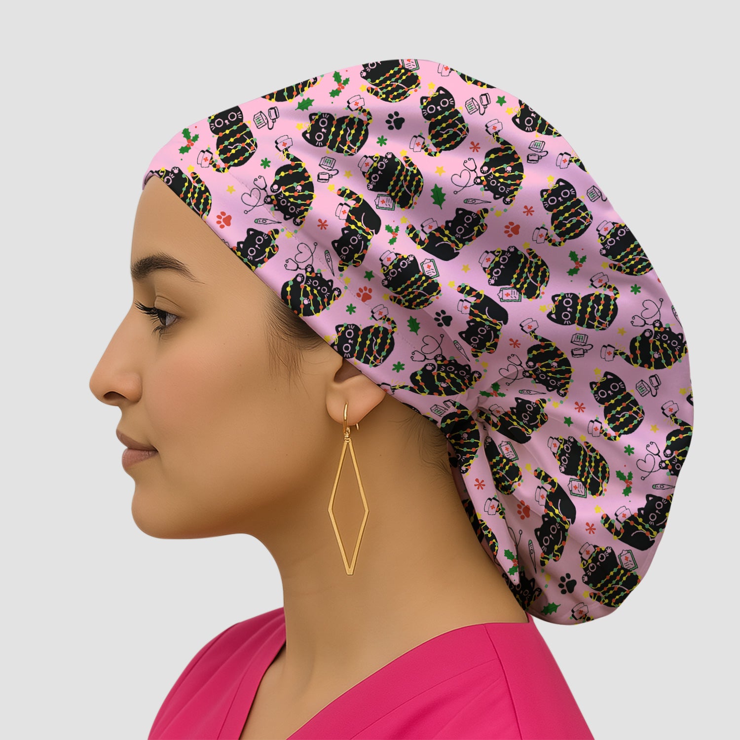 Black Cat Christmas Scrub Cap – Nurse & Holiday Lights Pattern Cap – Cute Medical Uniform For Nursing