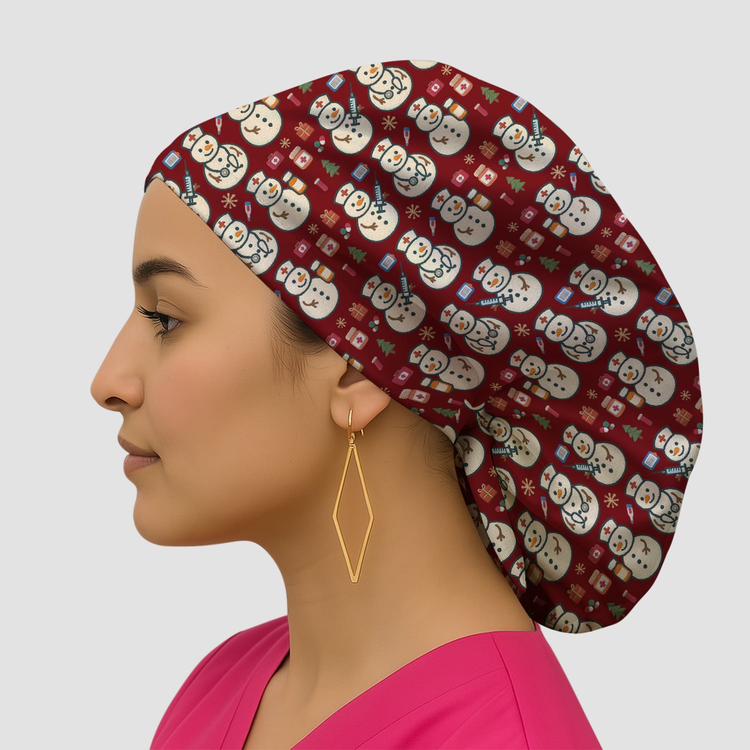 Snowman Nurse Christmas Scrub Cap – Festive Medical Pattern Cap – Cute Holiday Uniform For Nursing